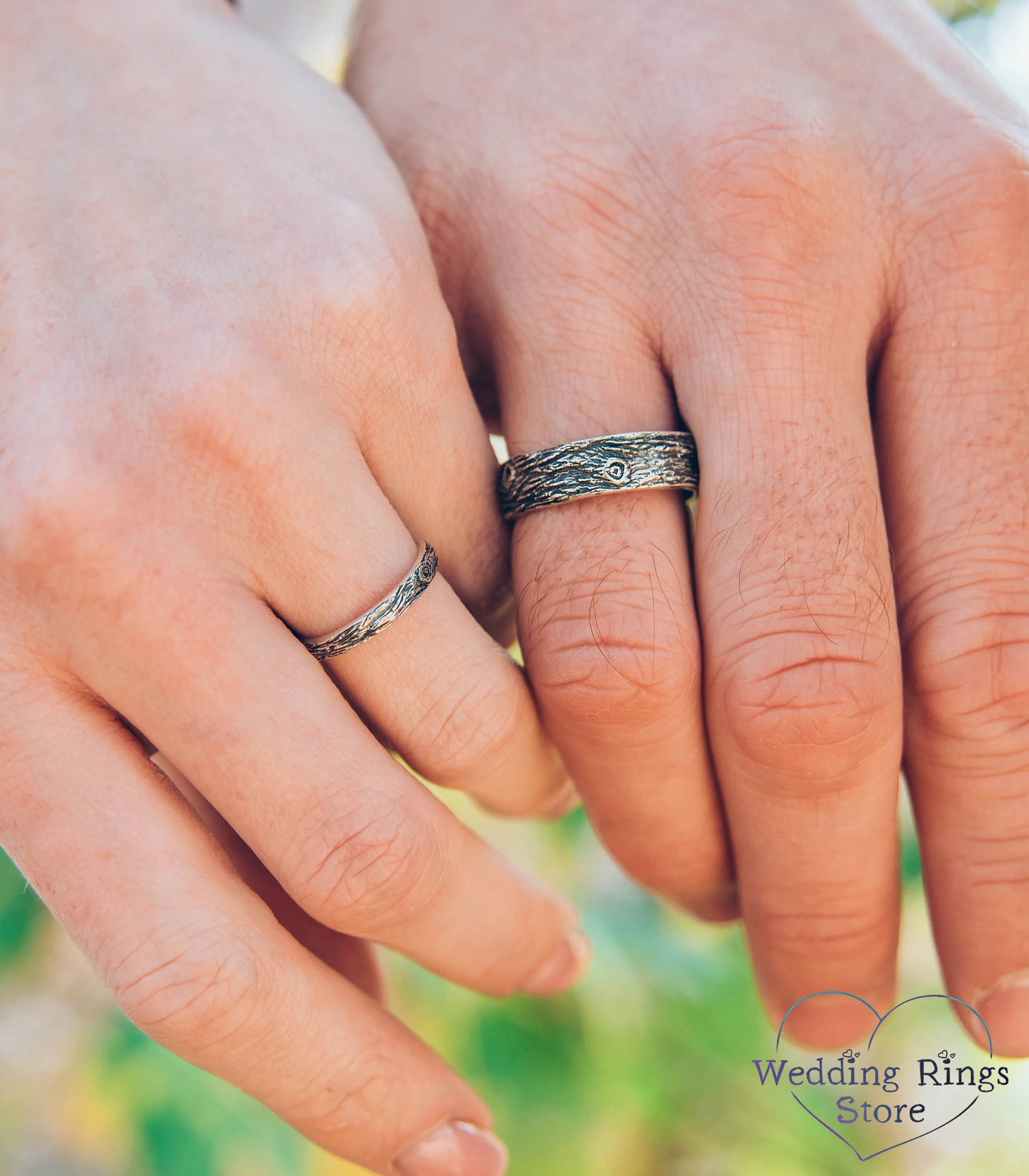 His and Hers Wooden style Silver matching Wedding Bands Set