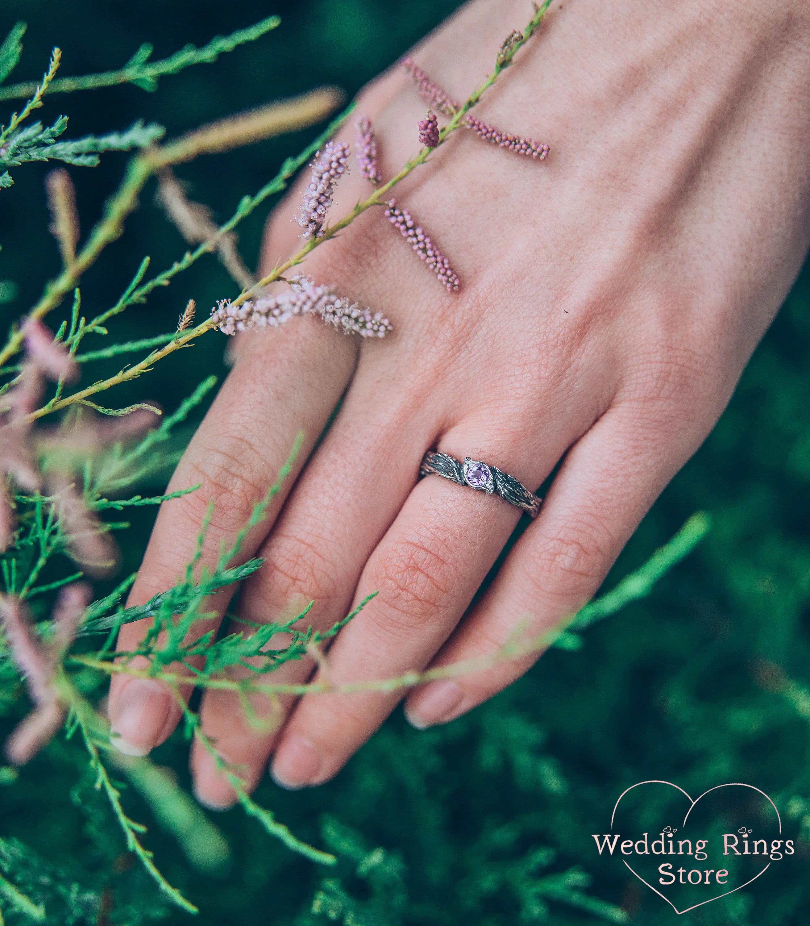 Women's Unique Twig Engagement Ring with Amethyst Leaf