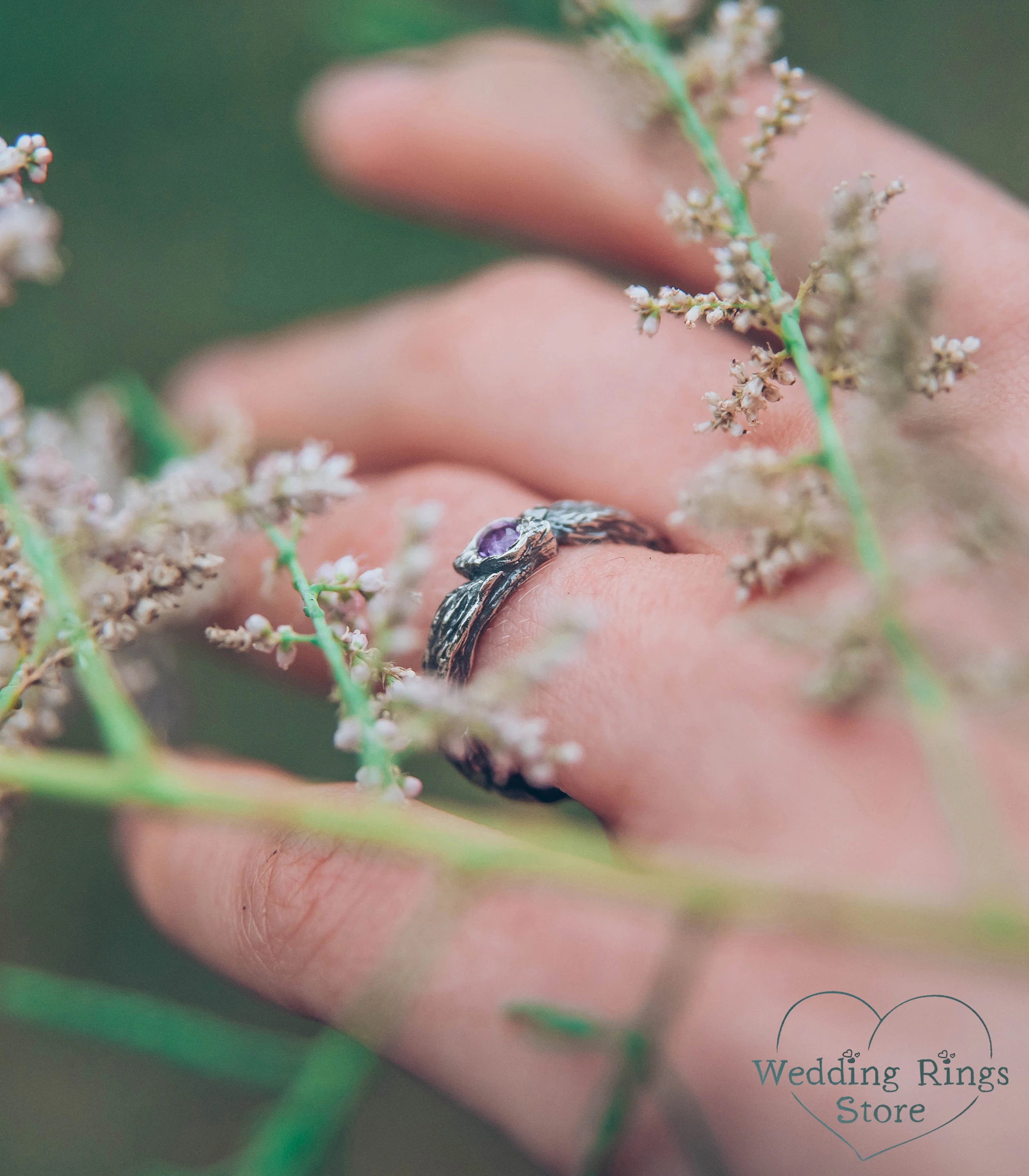 Women's Unique Twig Engagement Ring with Amethyst Leaf