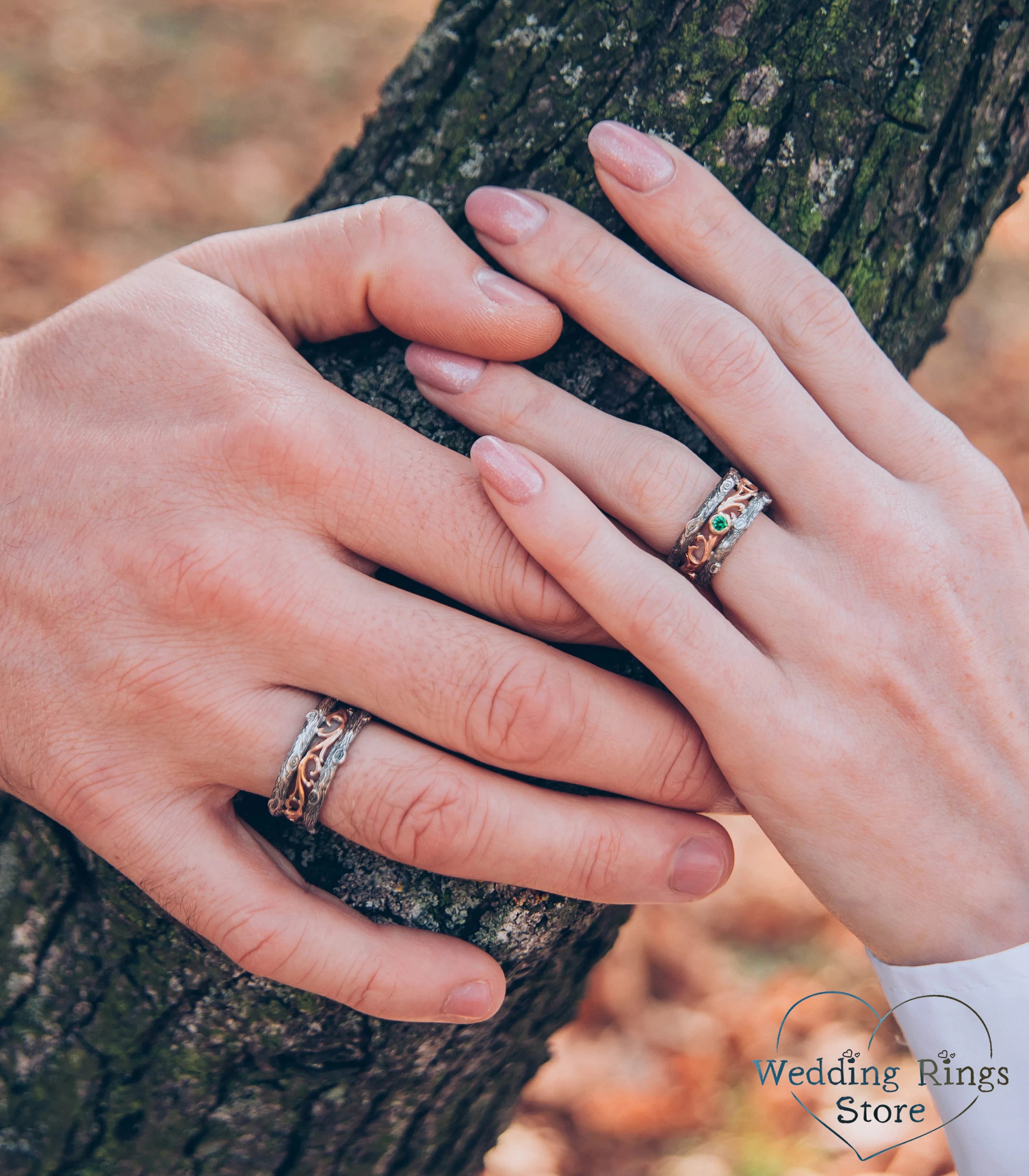 Vintage Vine and Tree Wedding Bands Set with Emerald