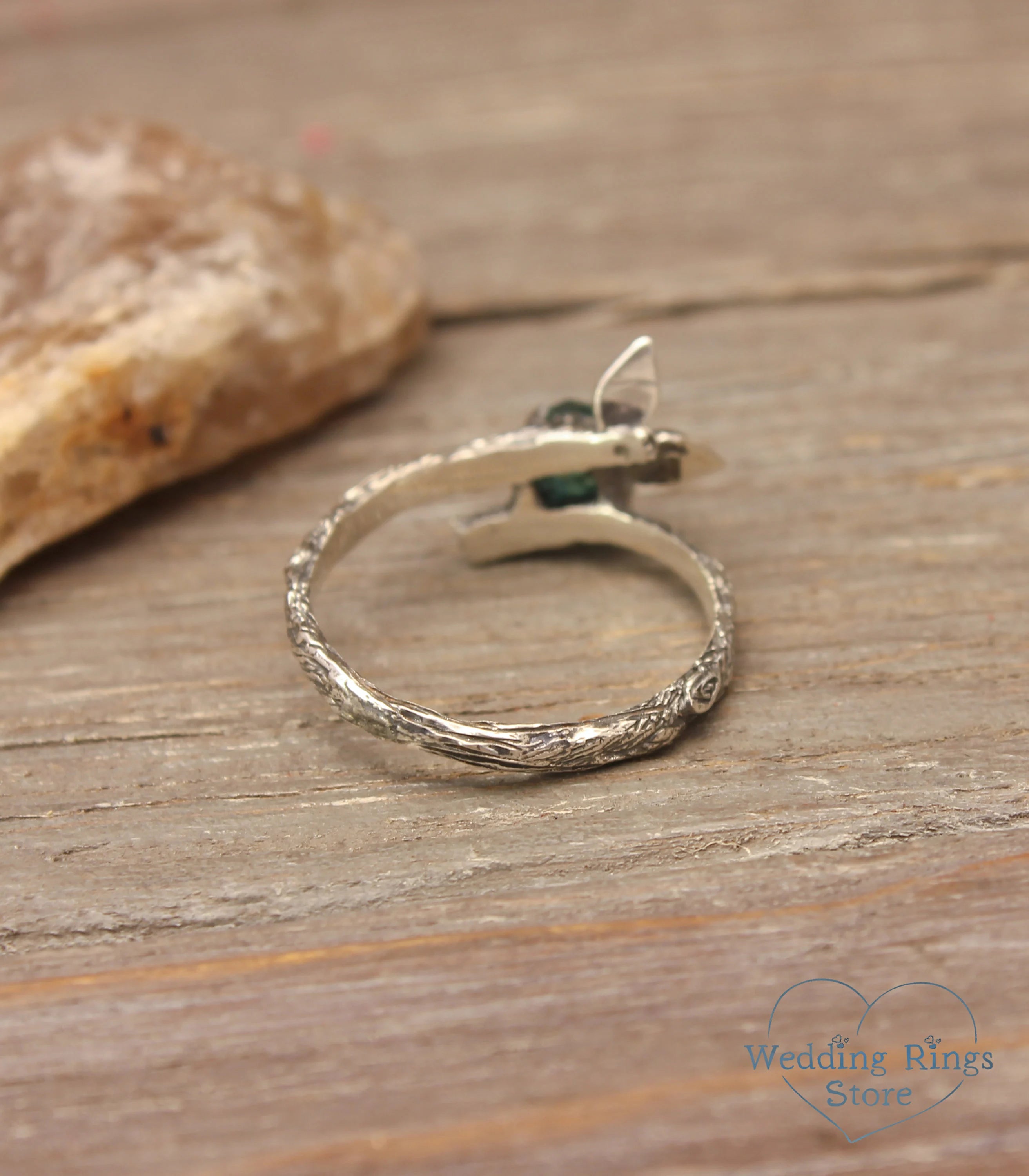 Emerald with Two Silver Twigs & Leaf Ring