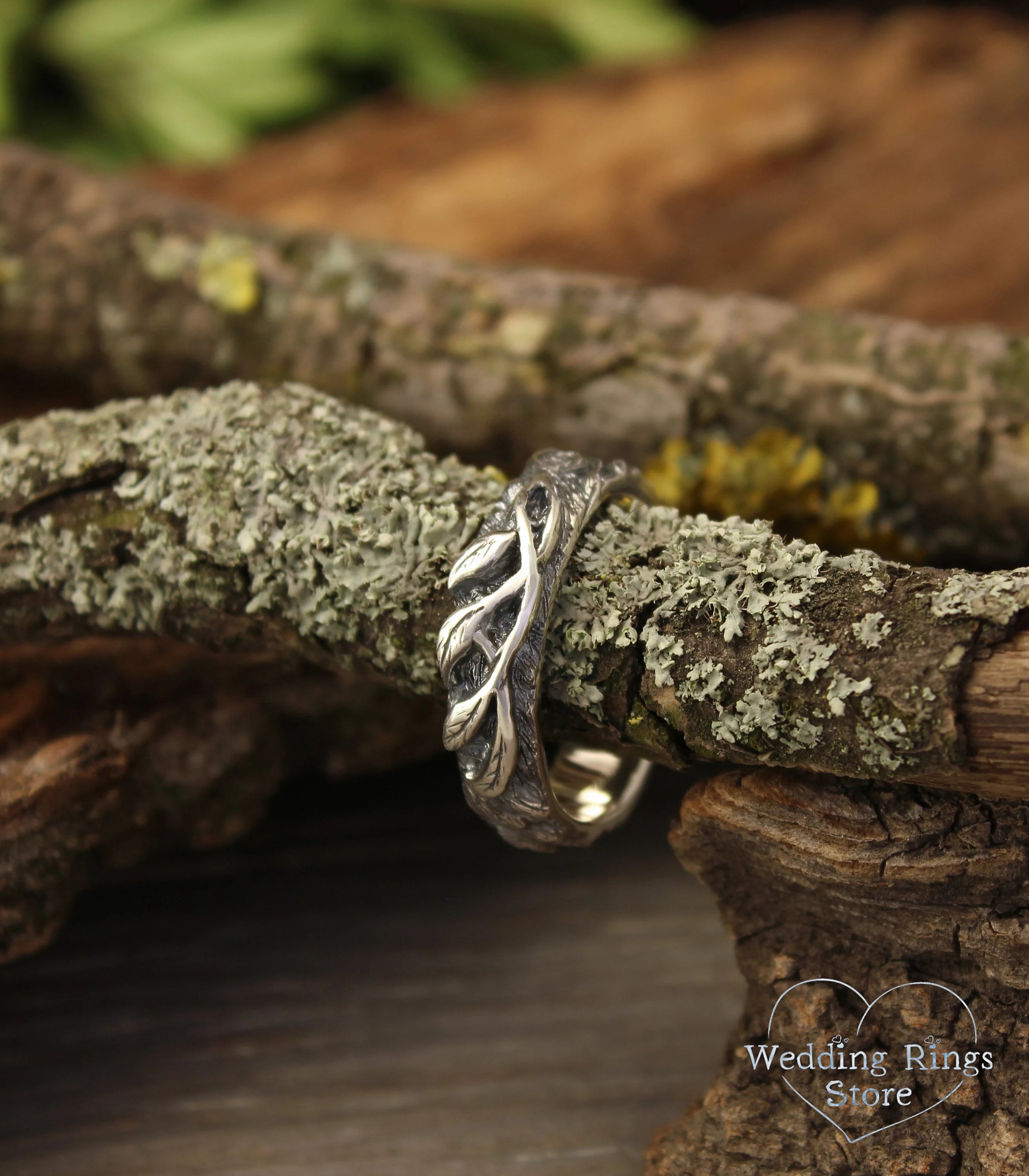 Silver Twig with Leaves Ring inspired by forest Nature