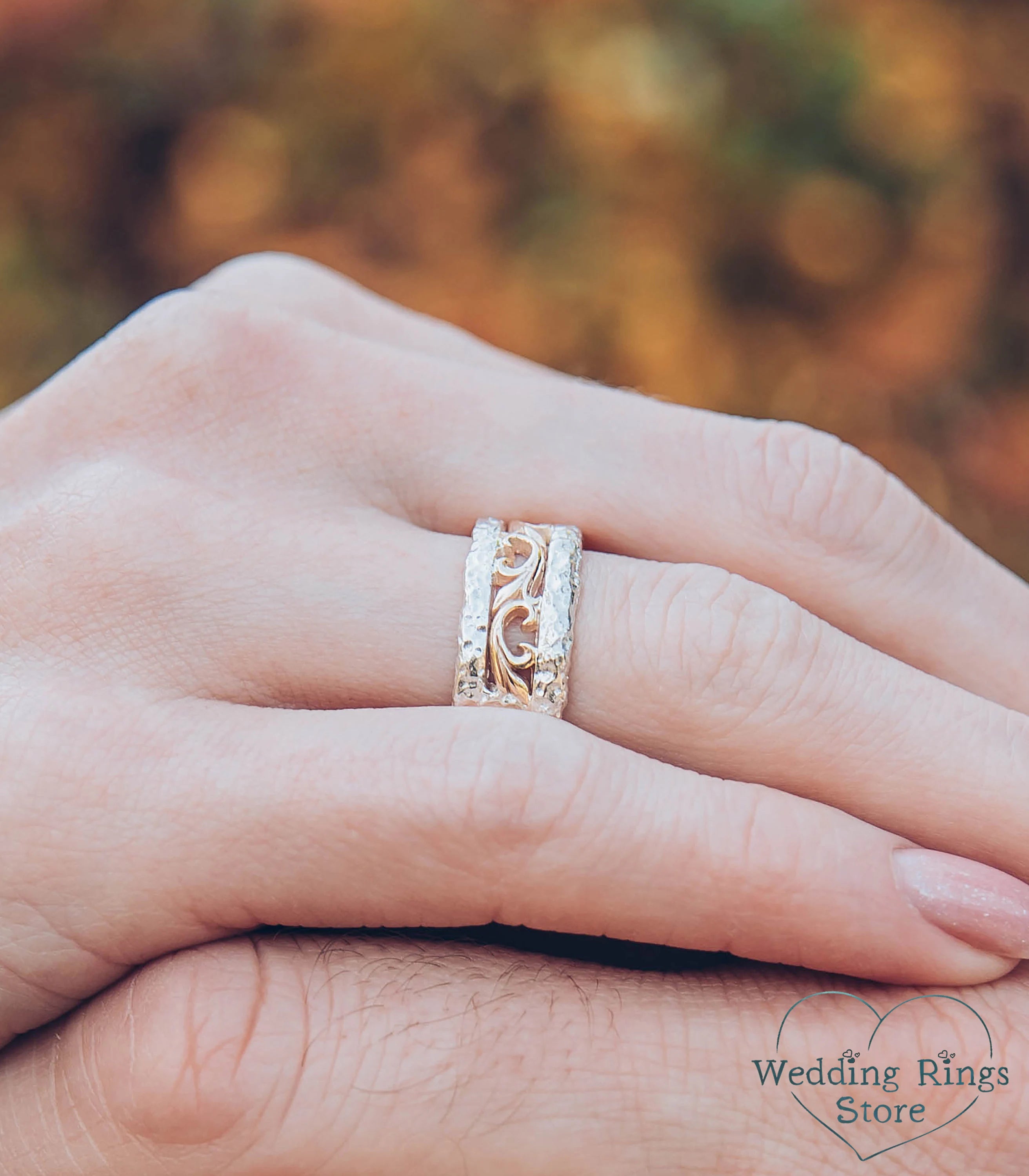 Mixed Metals Hammered and Vine matching Wedding Bands Set