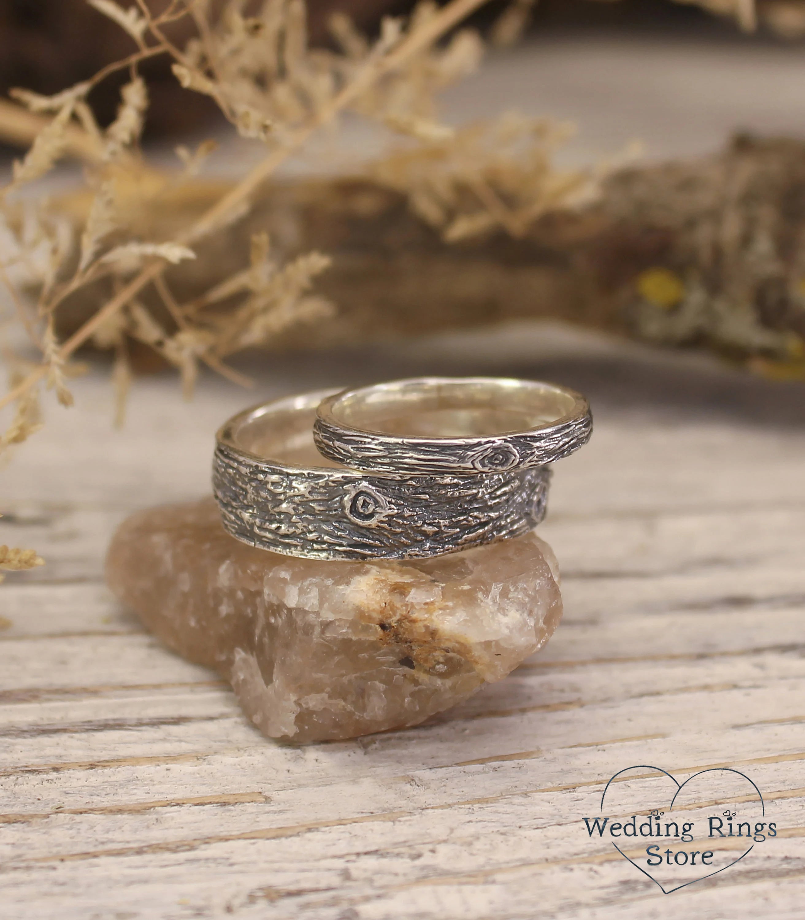 His and Hers Wooden style Silver matching Wedding Bands Set