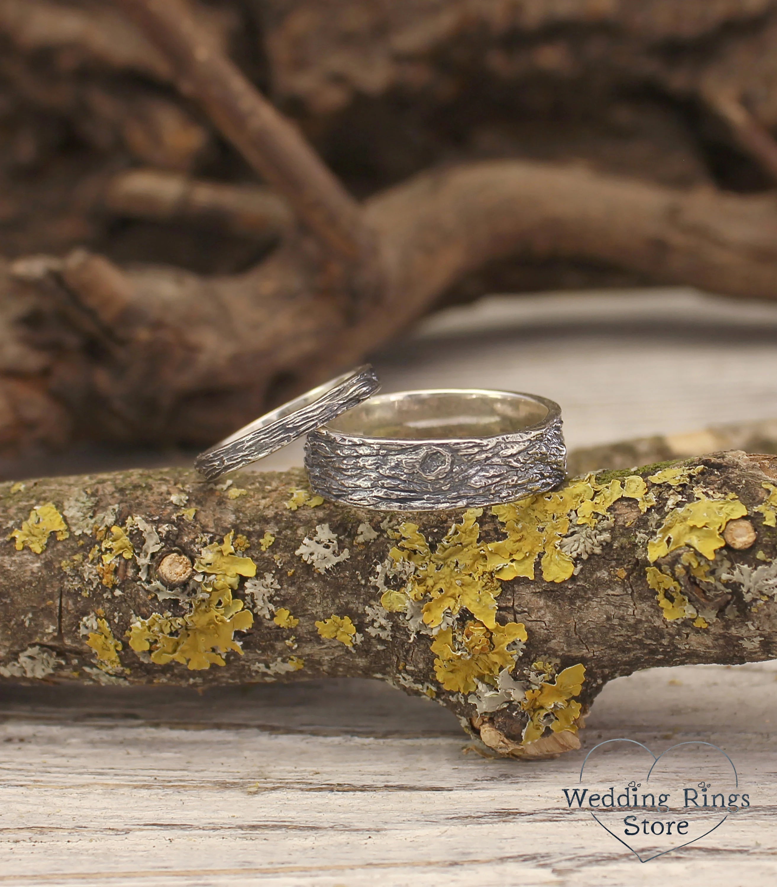 His and Hers Wooden style Silver matching Wedding Bands Set