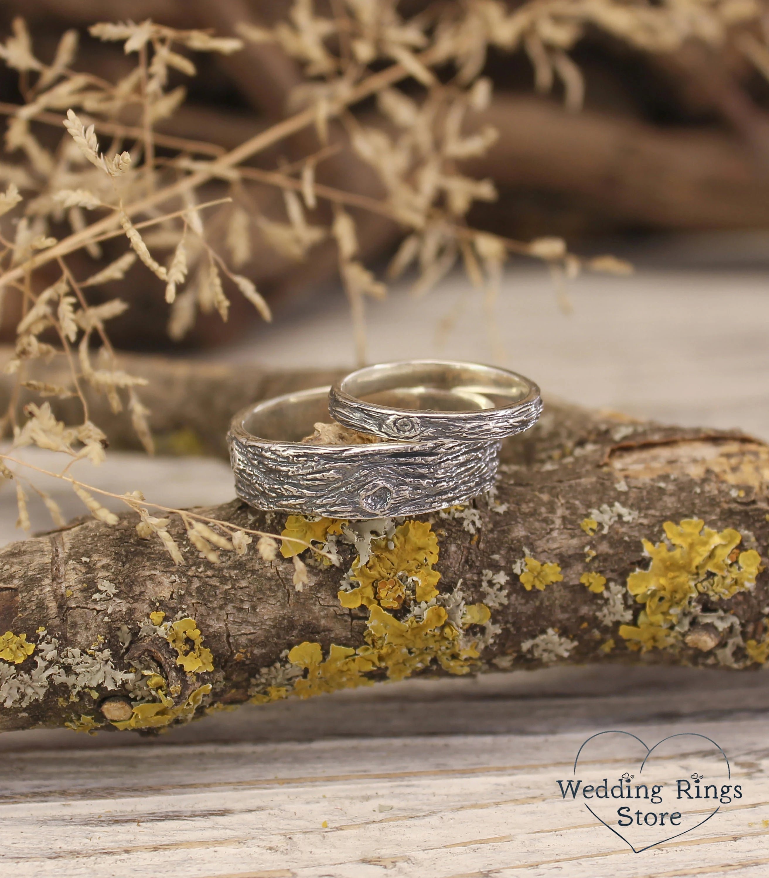 His and Hers Wooden style Silver matching Wedding Bands Set