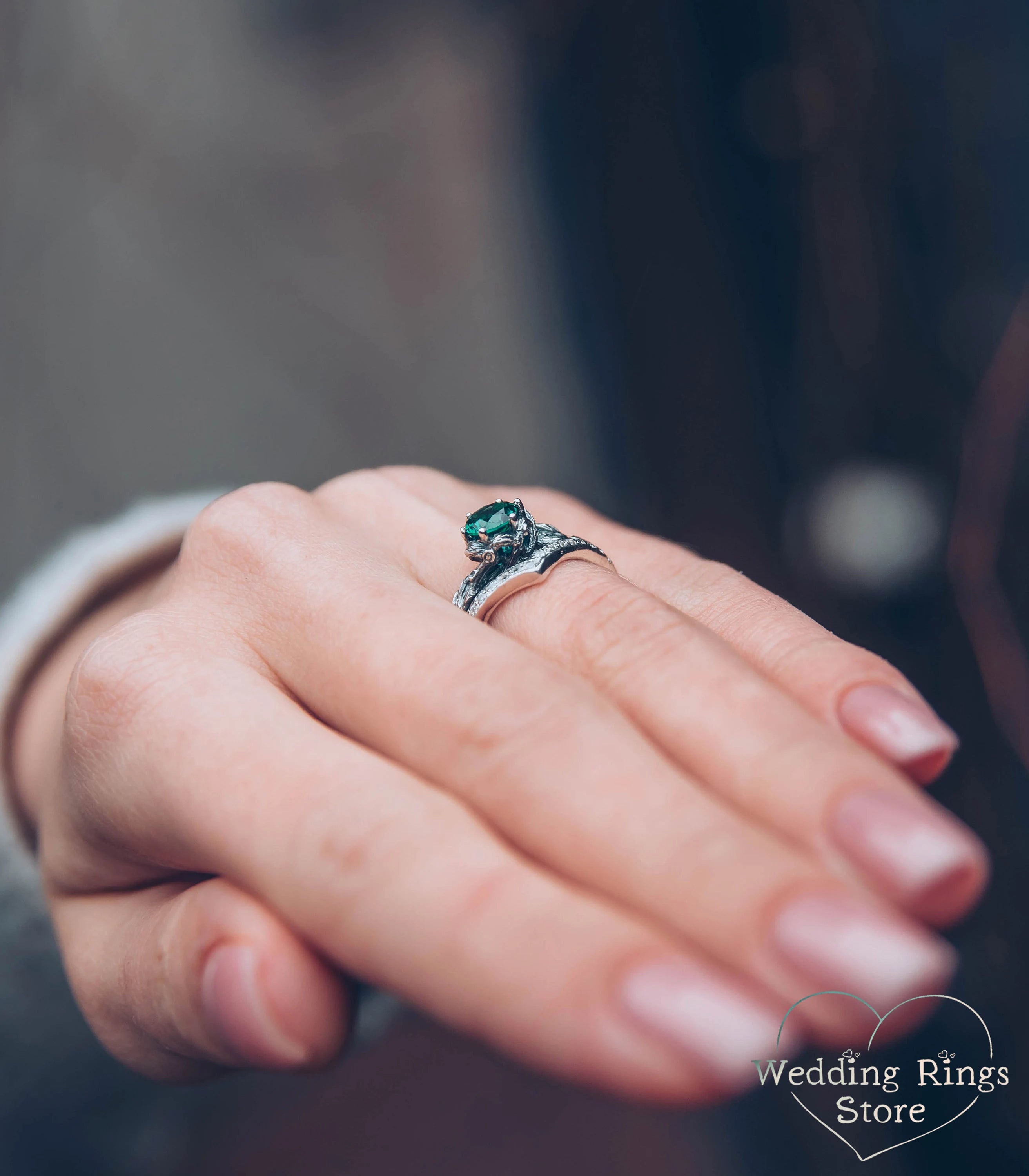 Forest Silver chevron Engagement Ring with Quartz and CZ