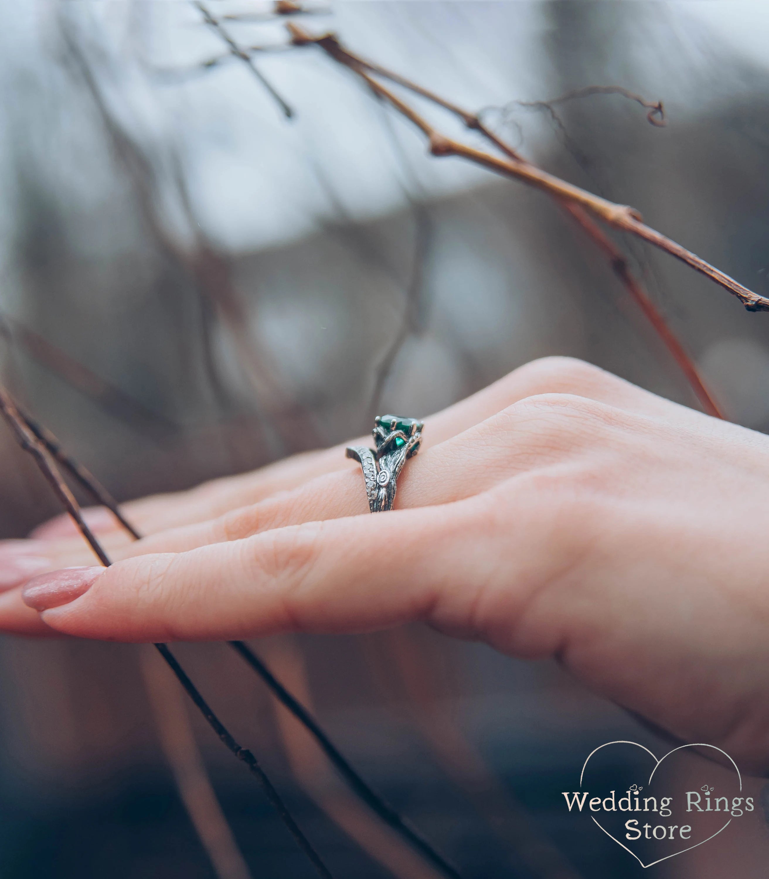 Forest Silver chevron Engagement Ring with Quartz and CZ