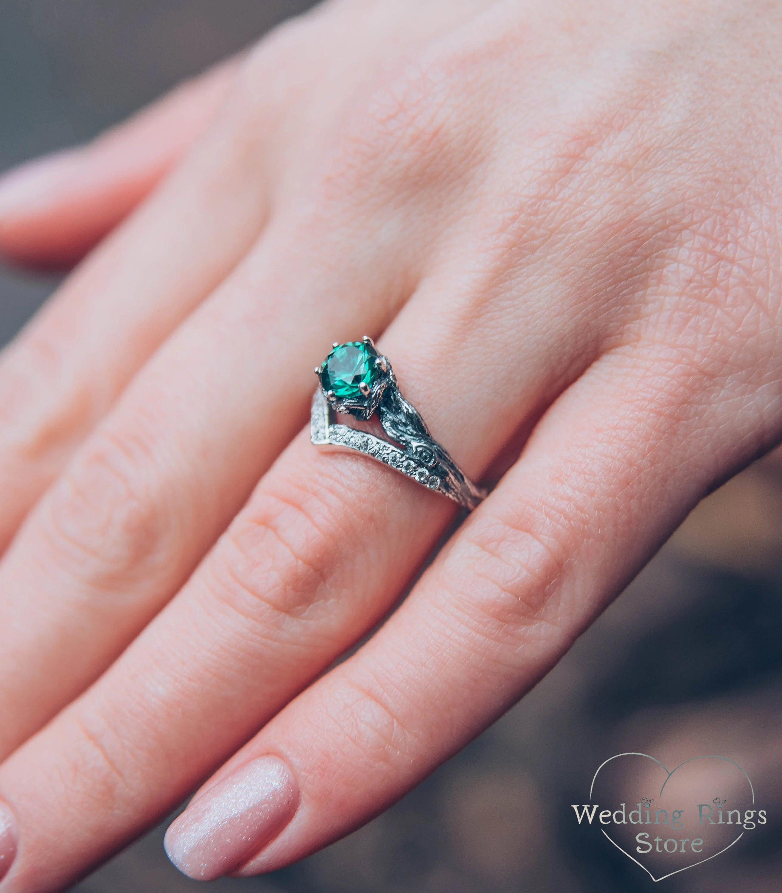 Forest Silver chevron Engagement Ring with Quartz and CZ
