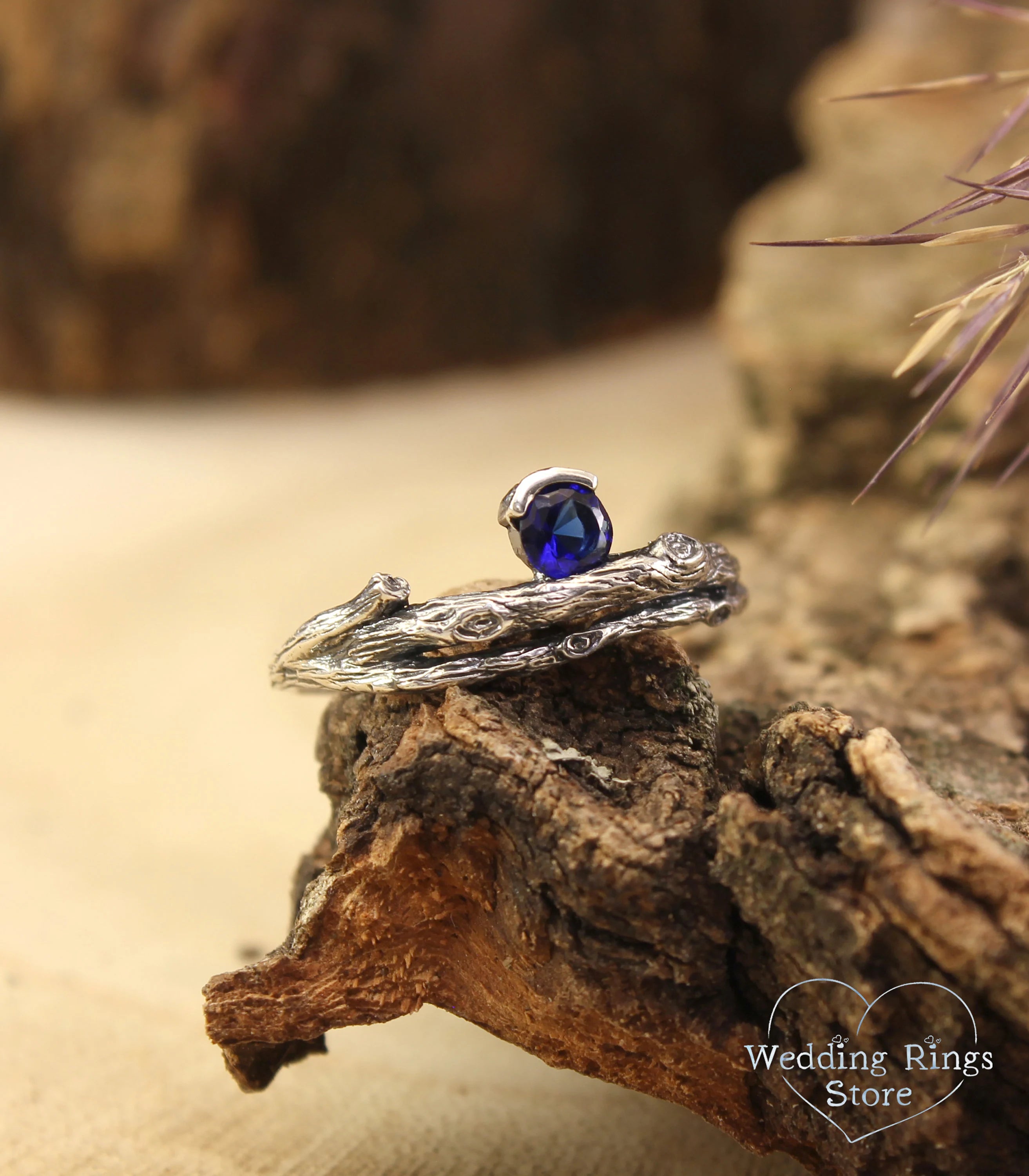 Silver Sapphire Engagement Ring Side Tension Style Setting