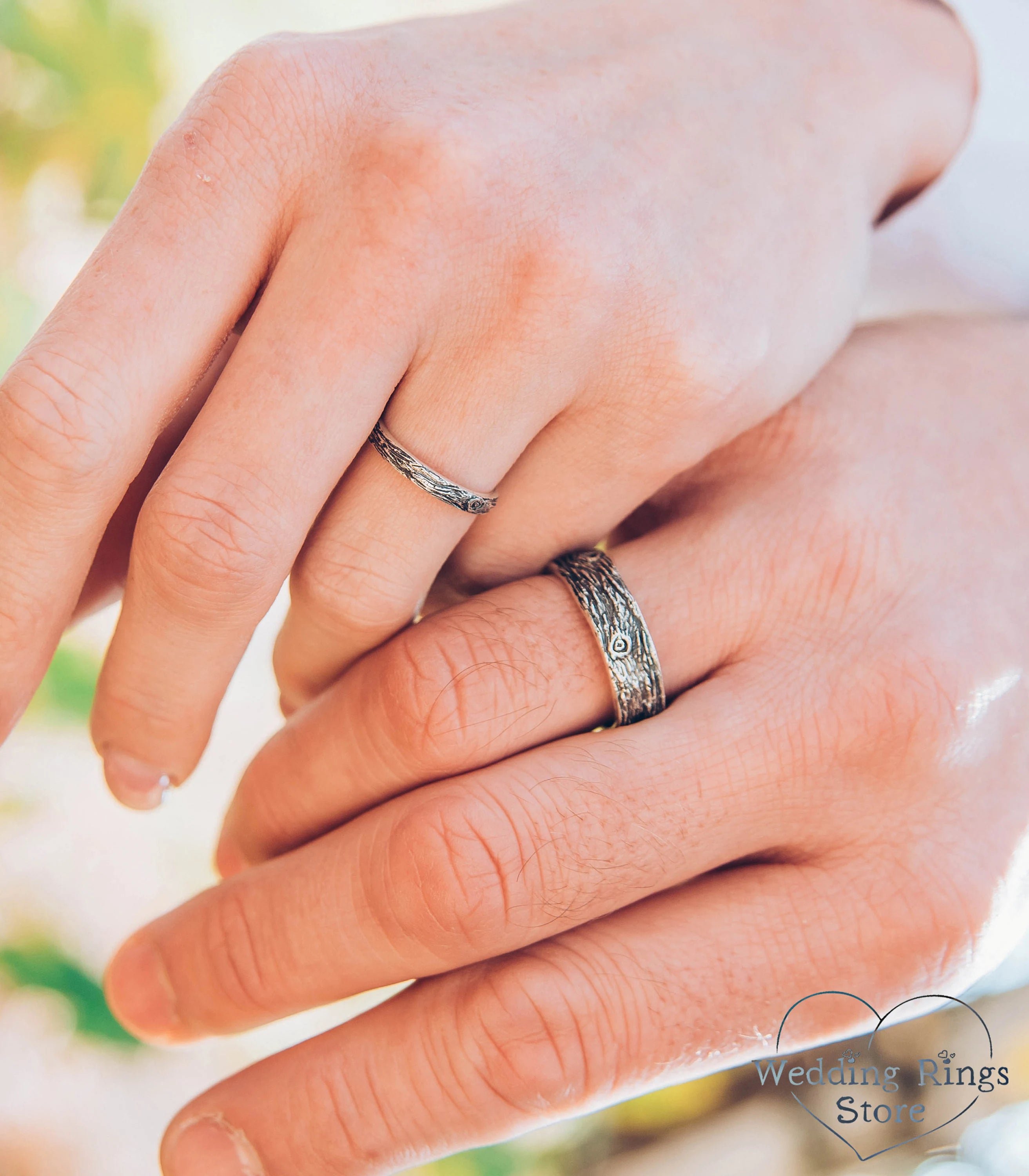 His and Hers Wooden style Silver matching Wedding Bands Set