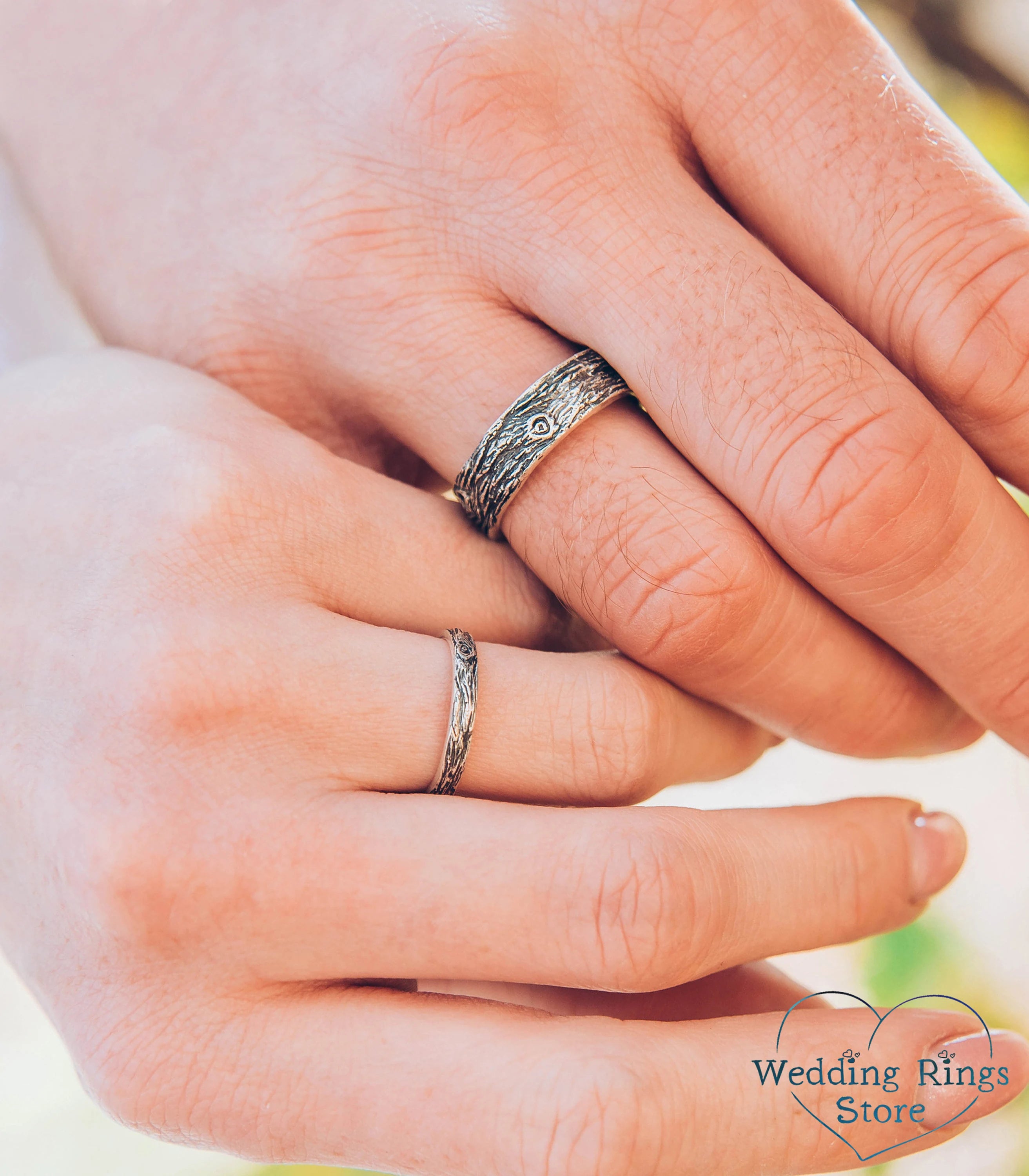 His and Hers Wooden style Silver matching Wedding Bands Set