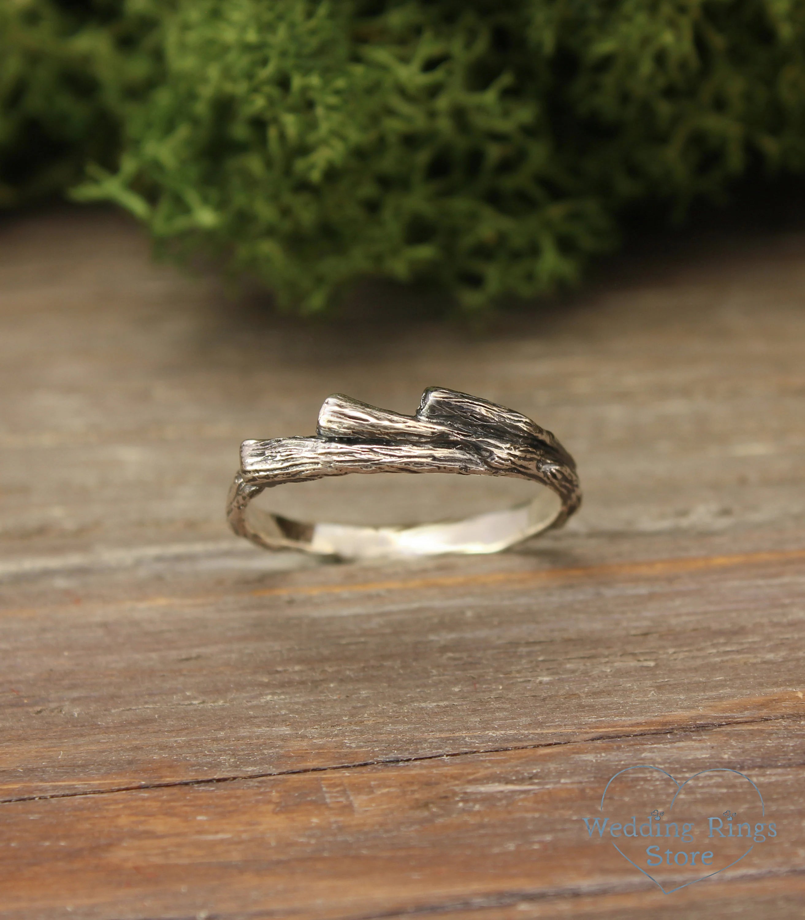 Three Small Branches Rustic Silver Wedding Ring