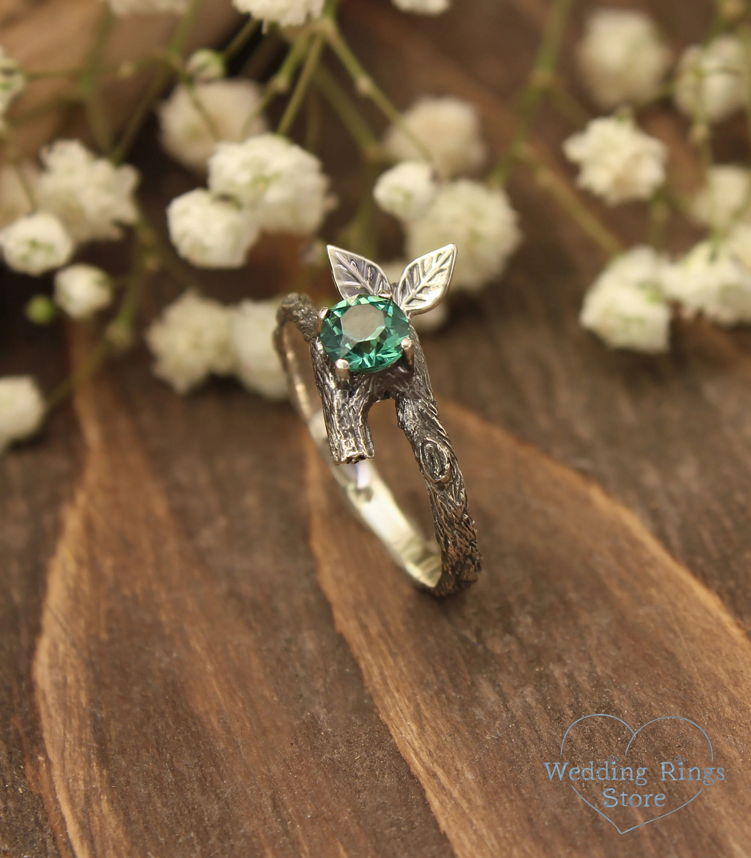 Emerald with Two Silver Twigs & Leaf Ring