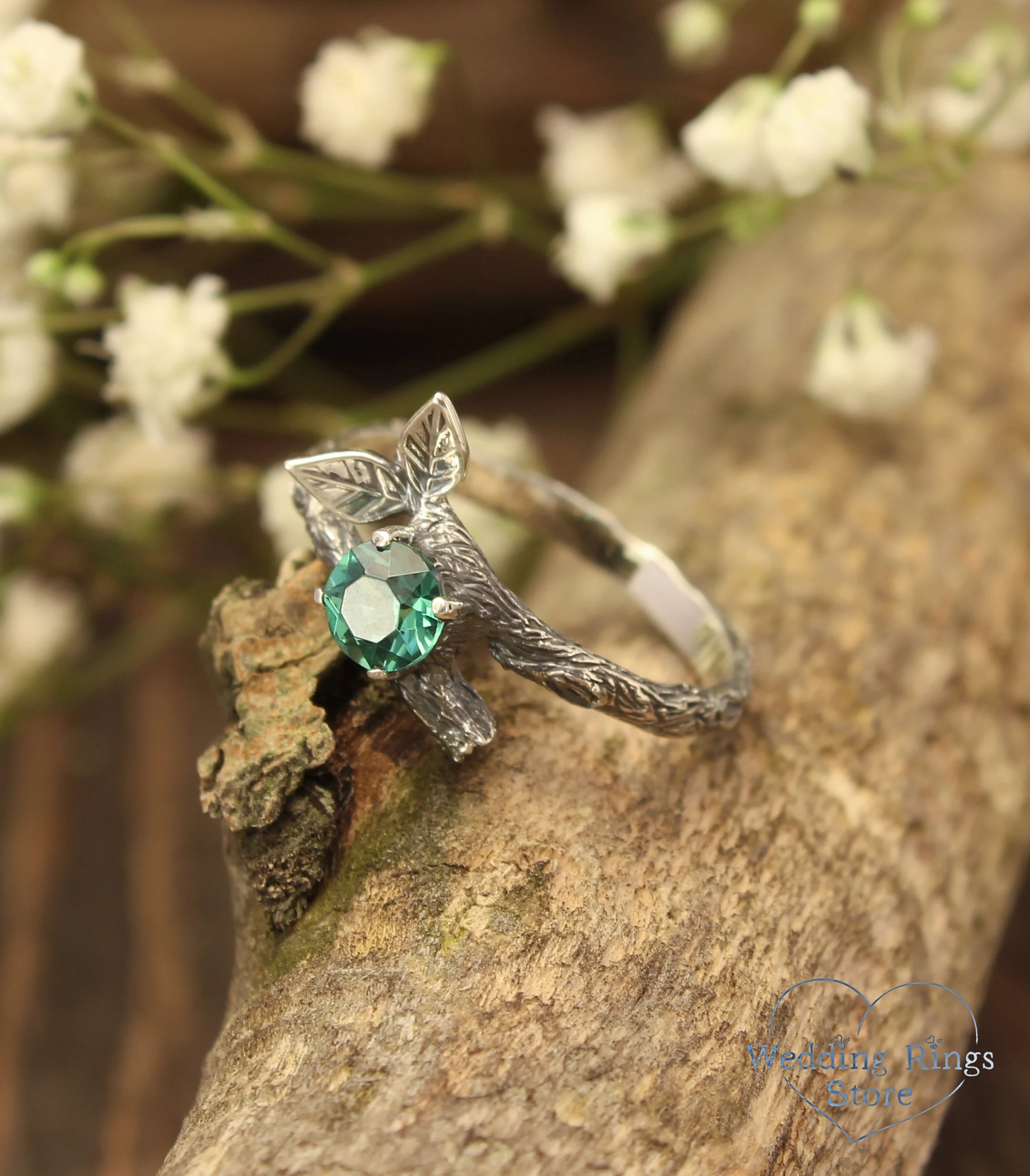 Emerald with Two Silver Twigs & Leaf Ring