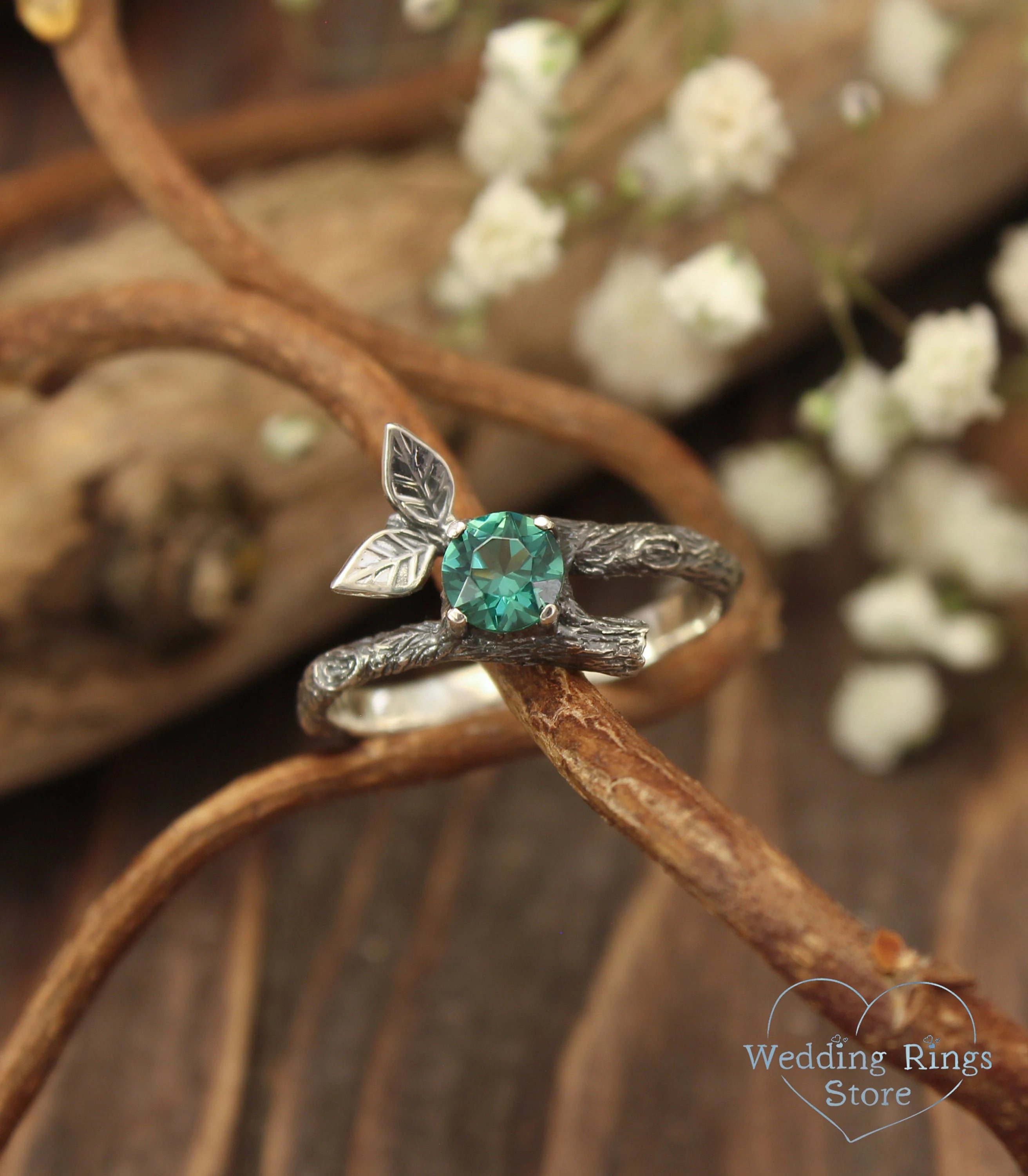 Emerald with Two Silver Twigs & Leaf Ring