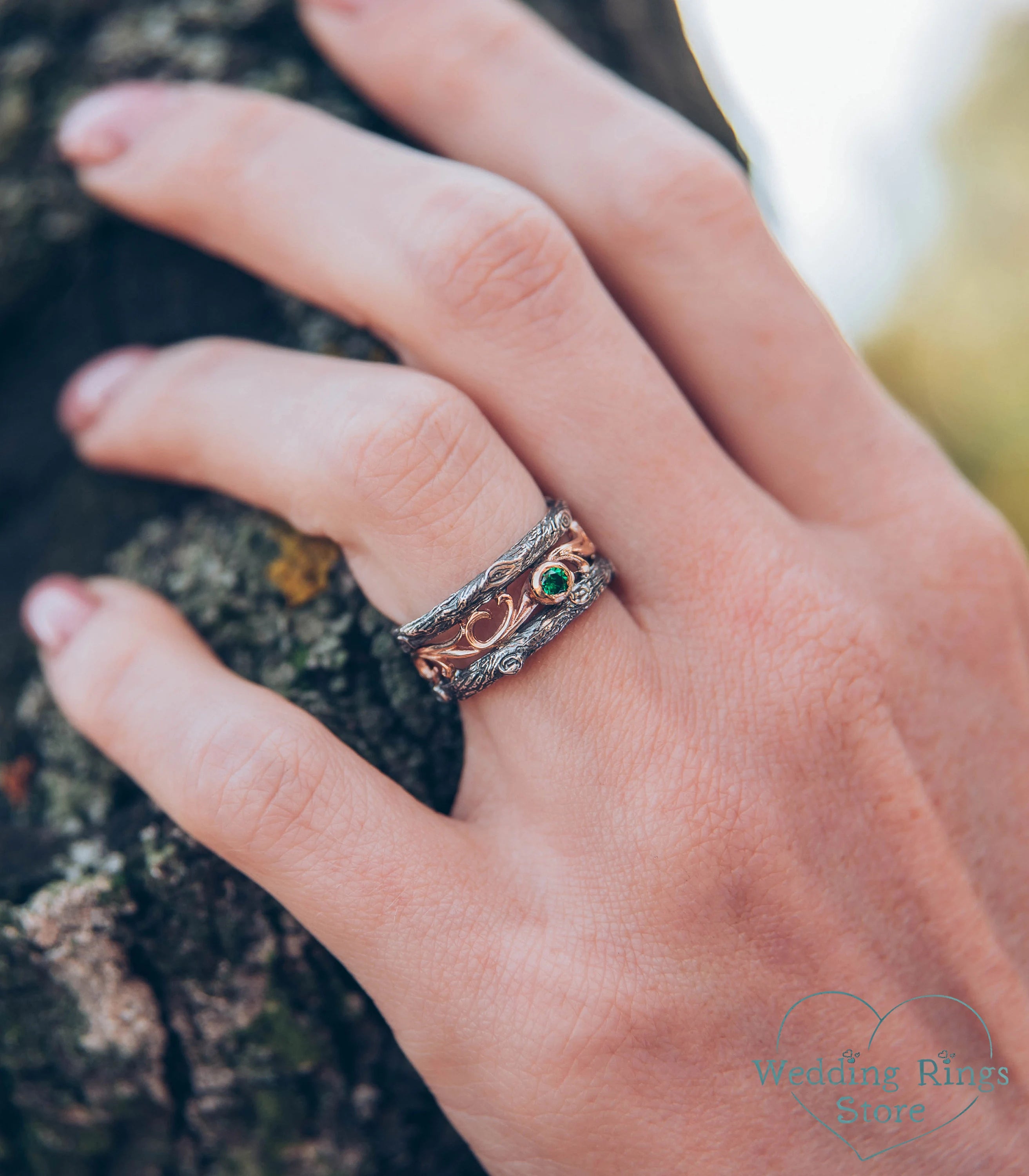 Vintage Vine and Tree Wedding Bands Set with Emerald