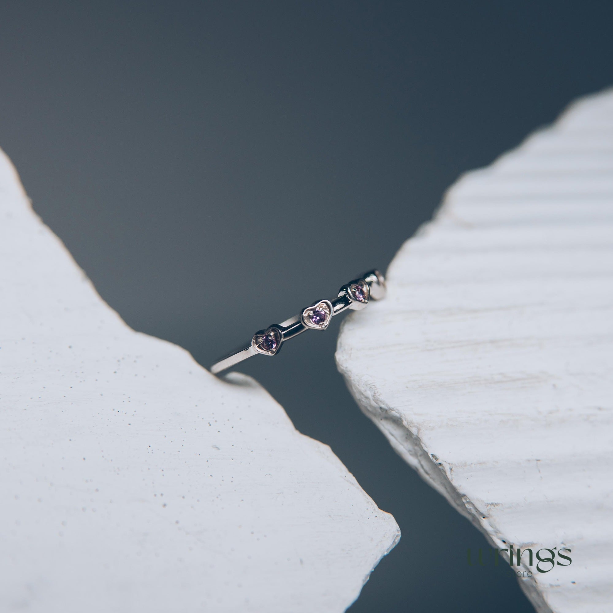 Delicate Amethysts in Multi Hearts Silver Promise Ring