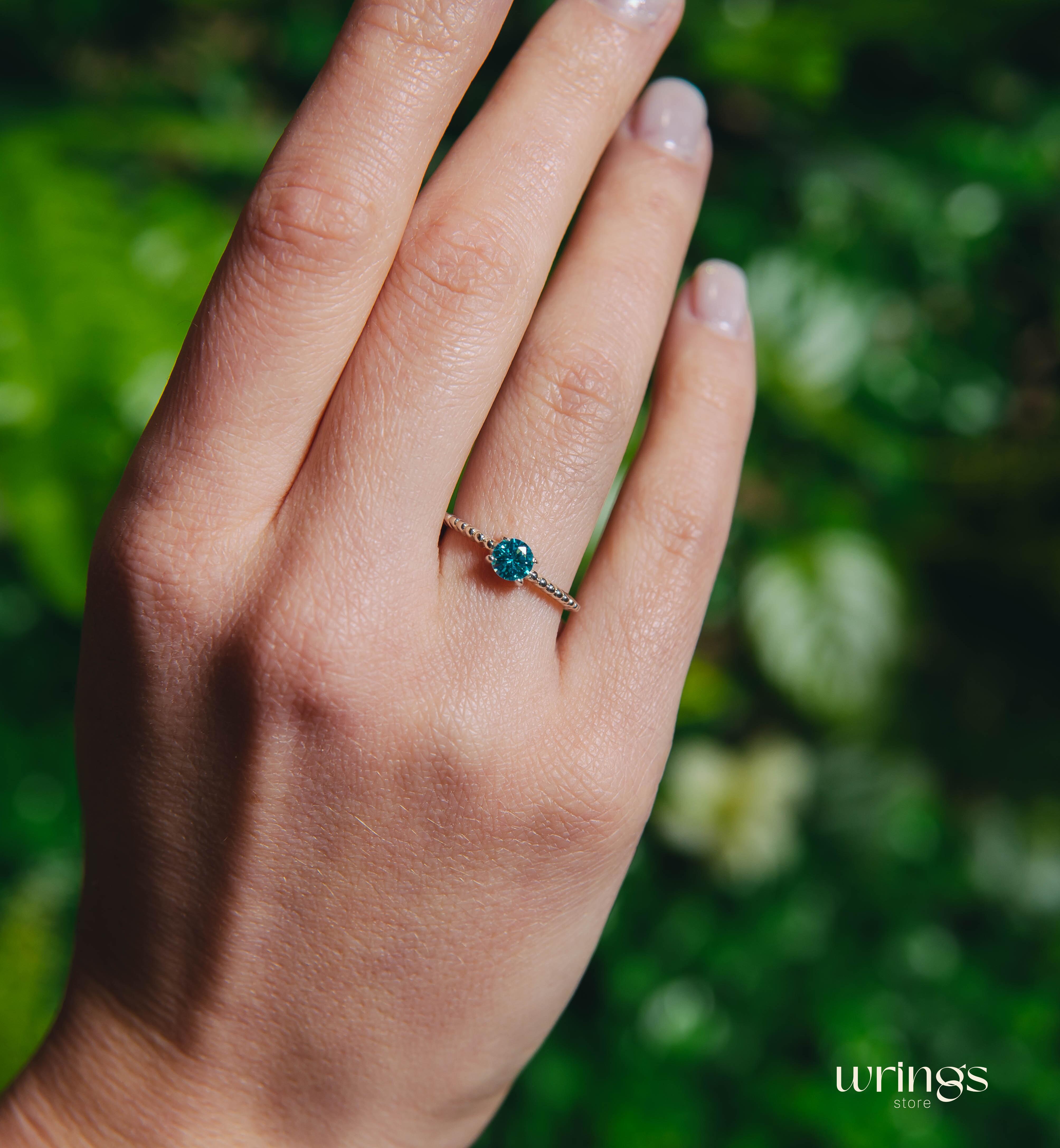 Delicate Thin Beads Silver Engagement Ring BlueTopaz