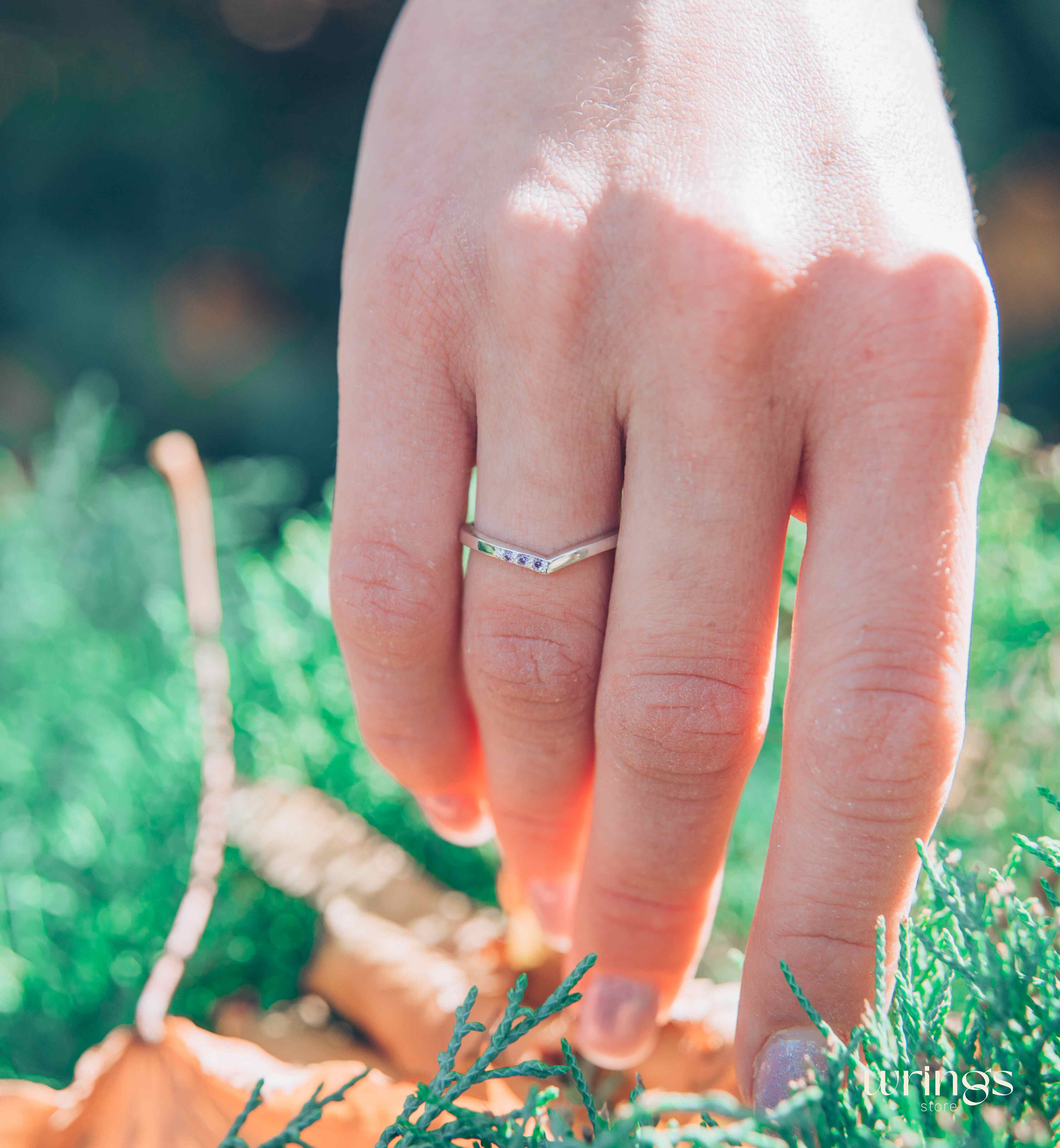 Silver Curved Chevron Wedding Band with 3 Amethysts