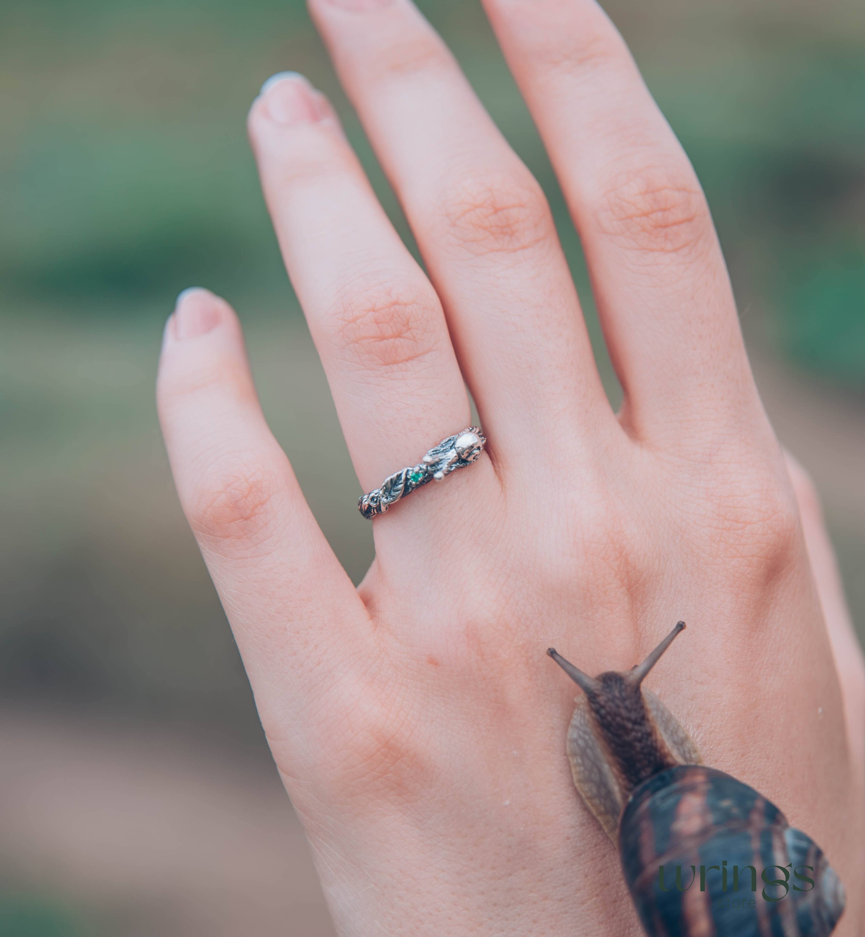 Snail on a Tiny Silver Twig with Leaf Emerald Ring