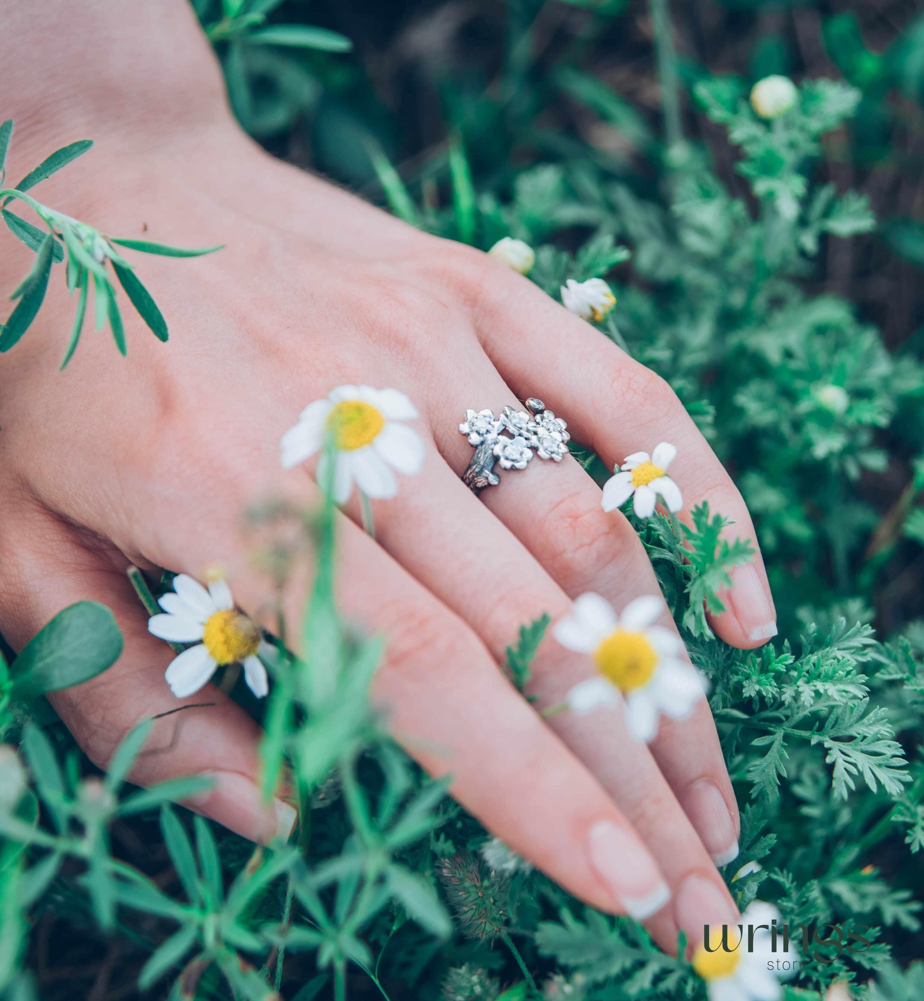 Flowers on a Twig Unique Silver Floral Ring