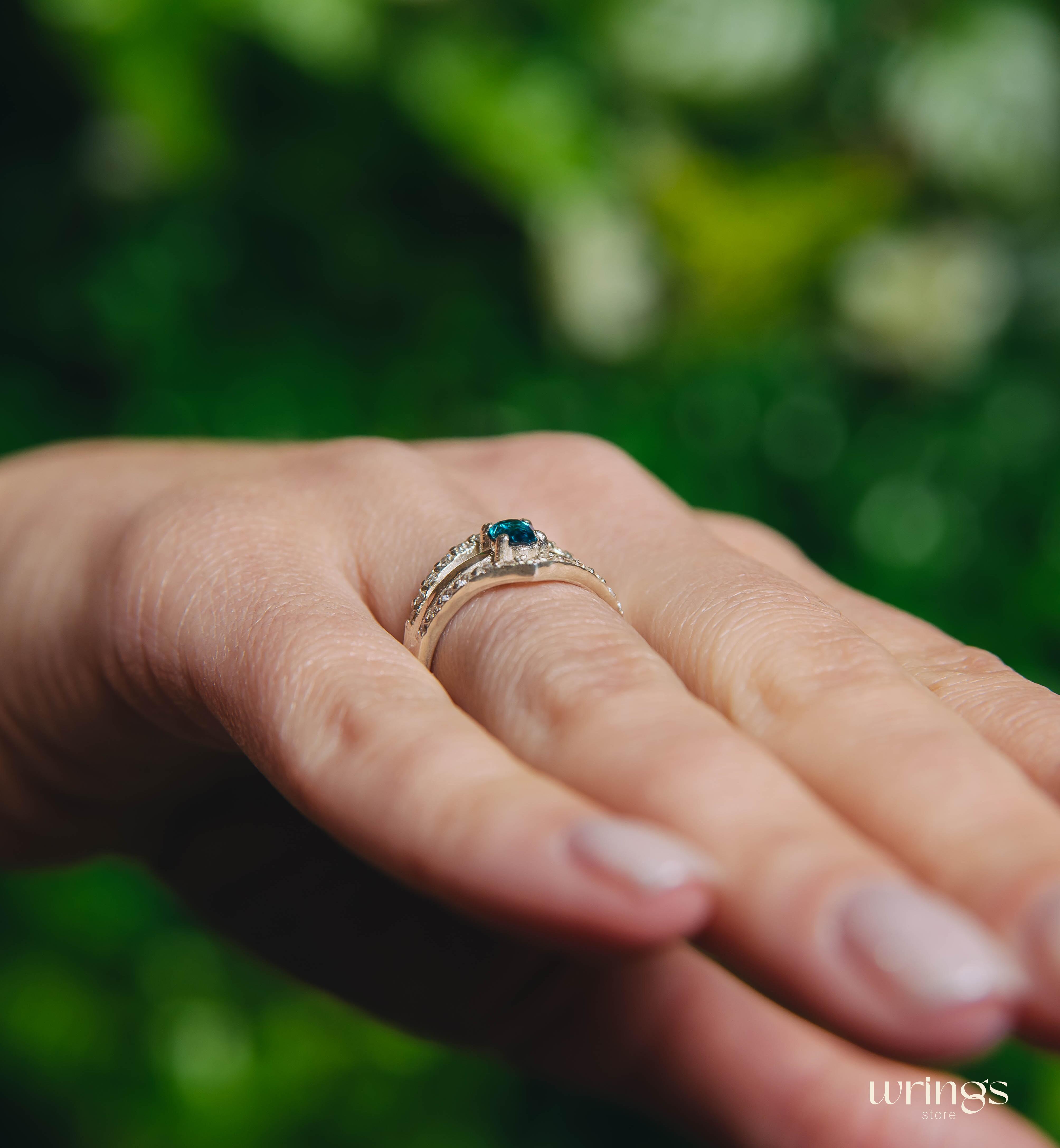 Oval Blue Topaz Engagement Ring Double V-shaped Band