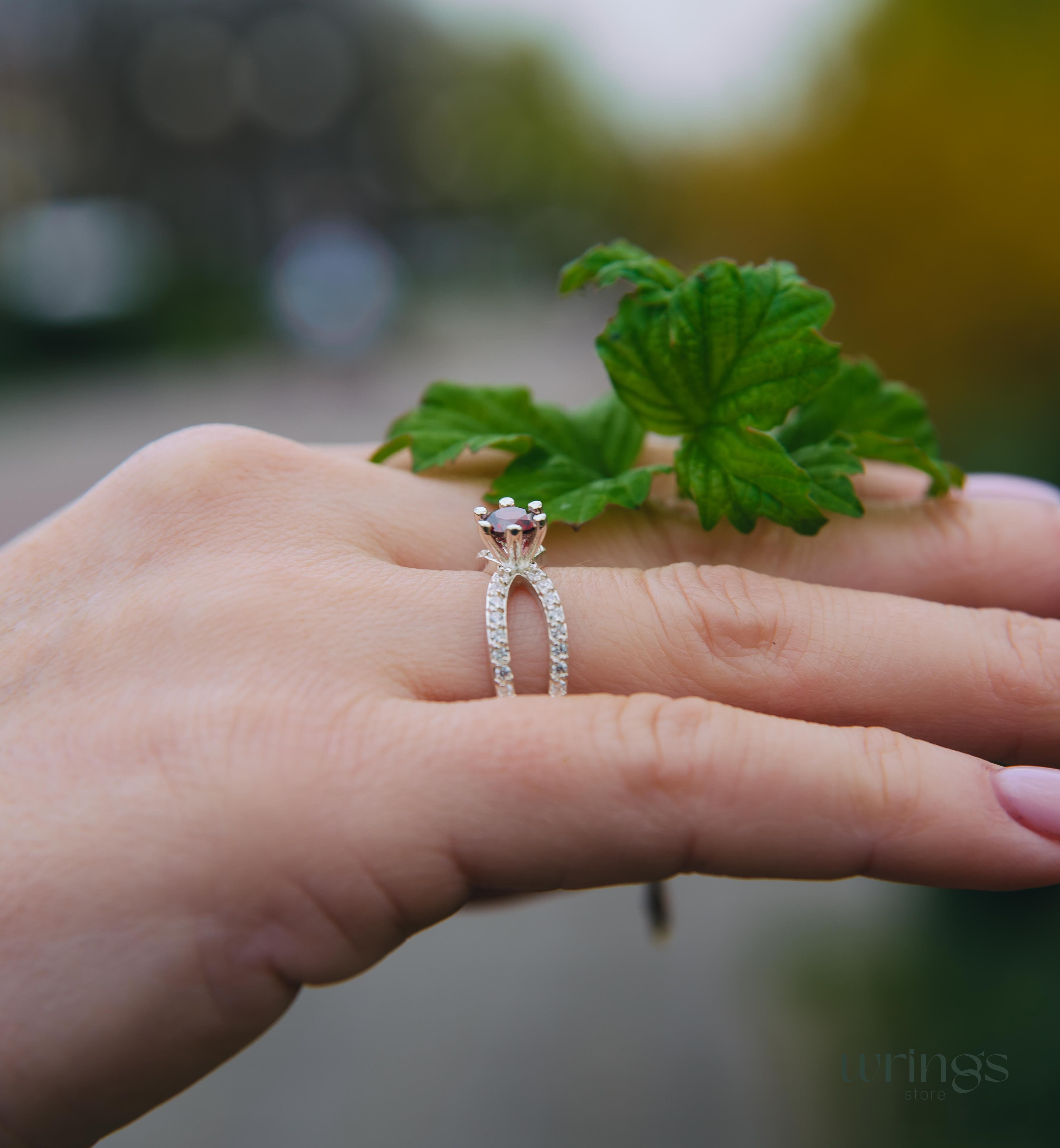 Silver Garnet Engagement Ring Split Shank Sparkling CZ