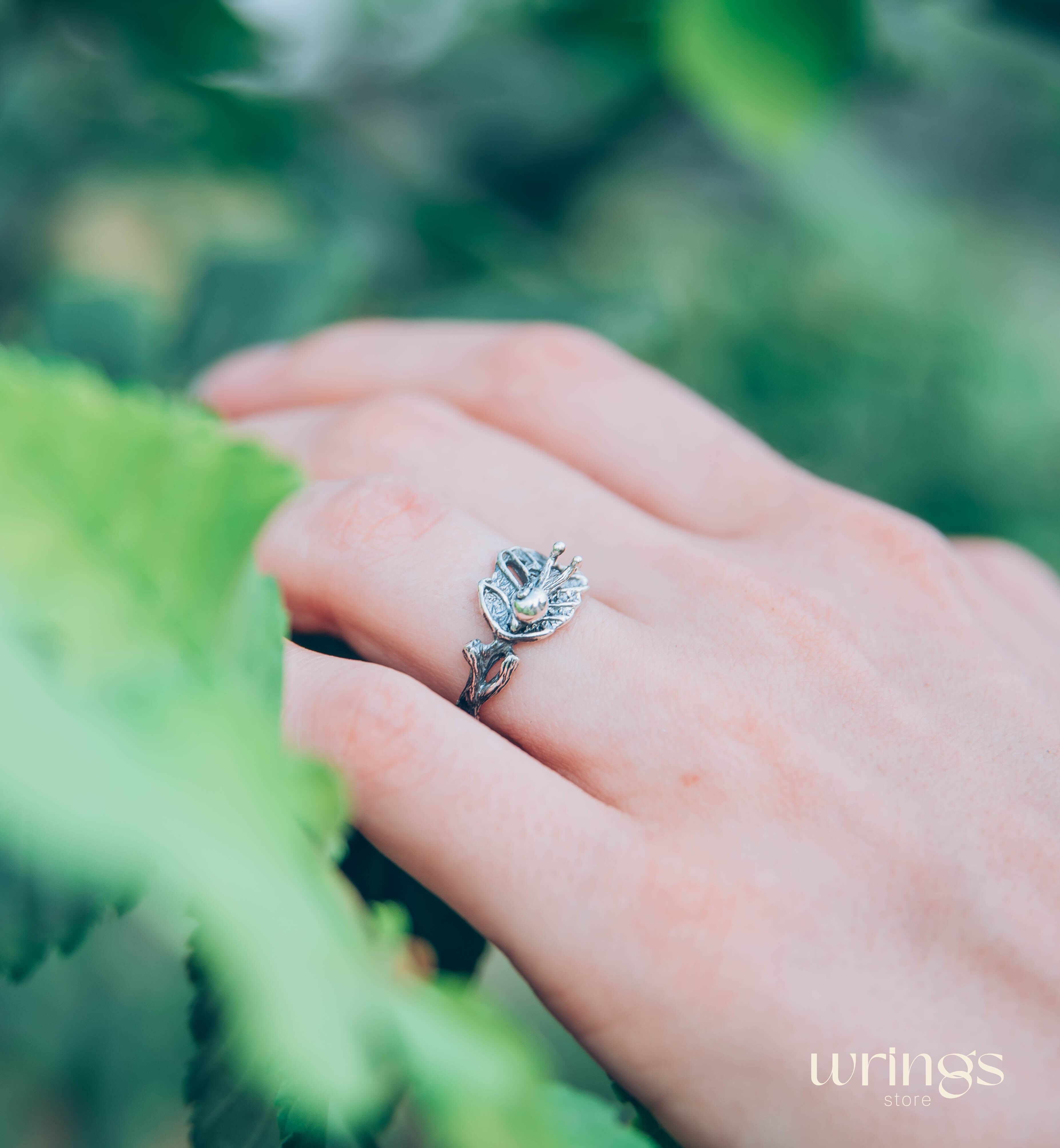 Nature dainty Snail on leaf Engagement Ring in Solid Silver