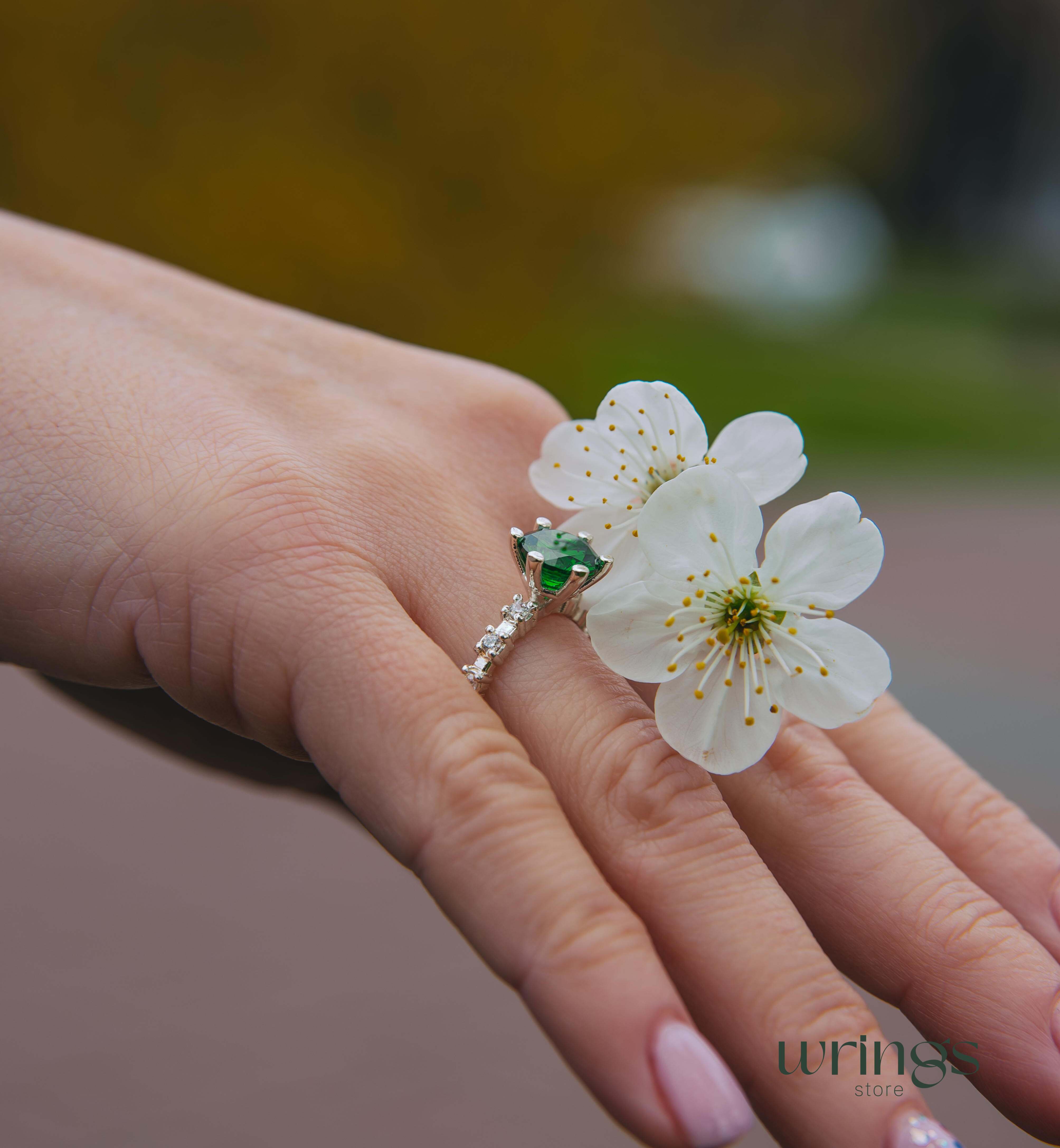 Large Green Stone & CZ Unique Silver Engagement Ring