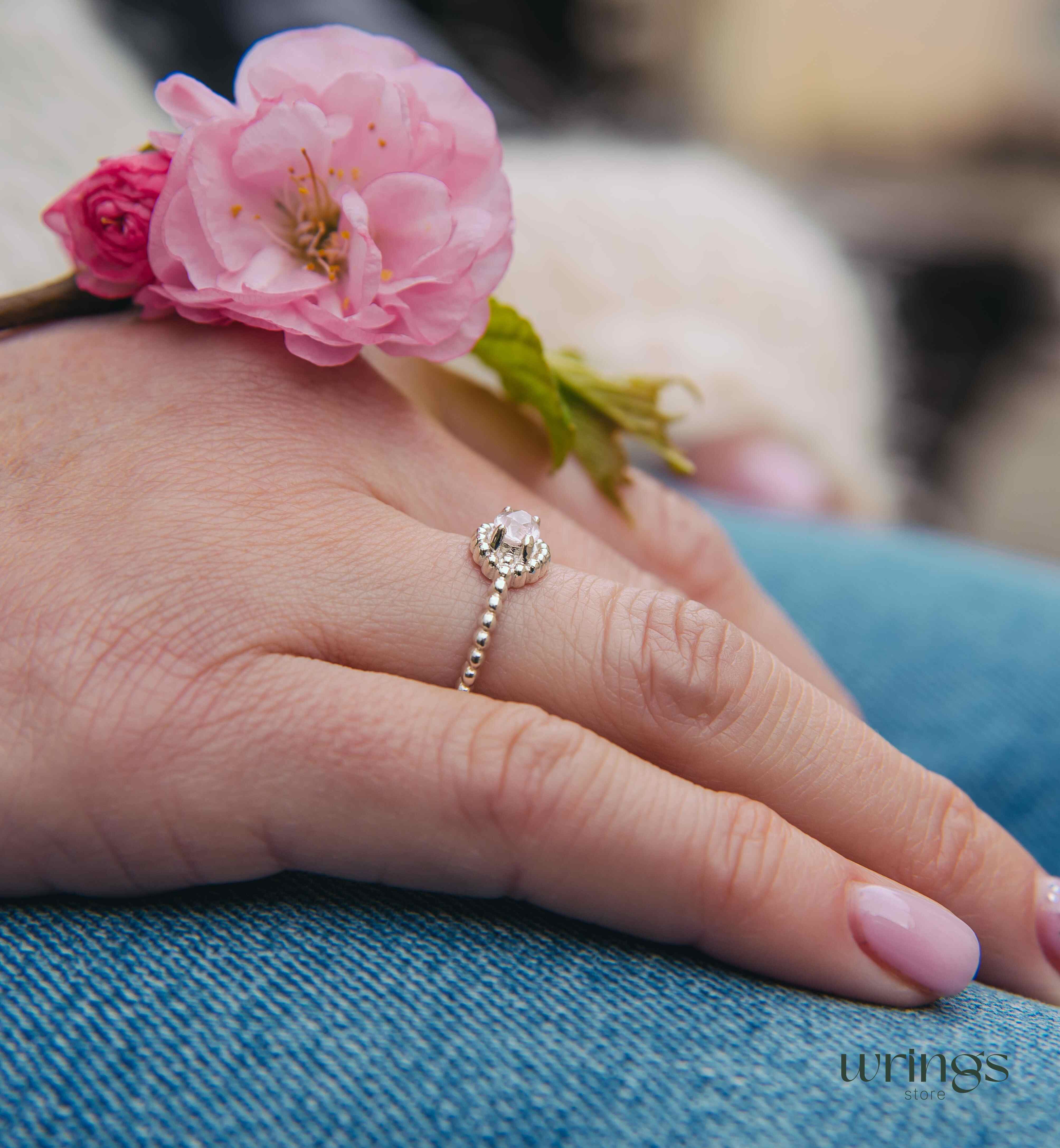 Large Peach Quartz Gemstone Statement Silver Bead Ring