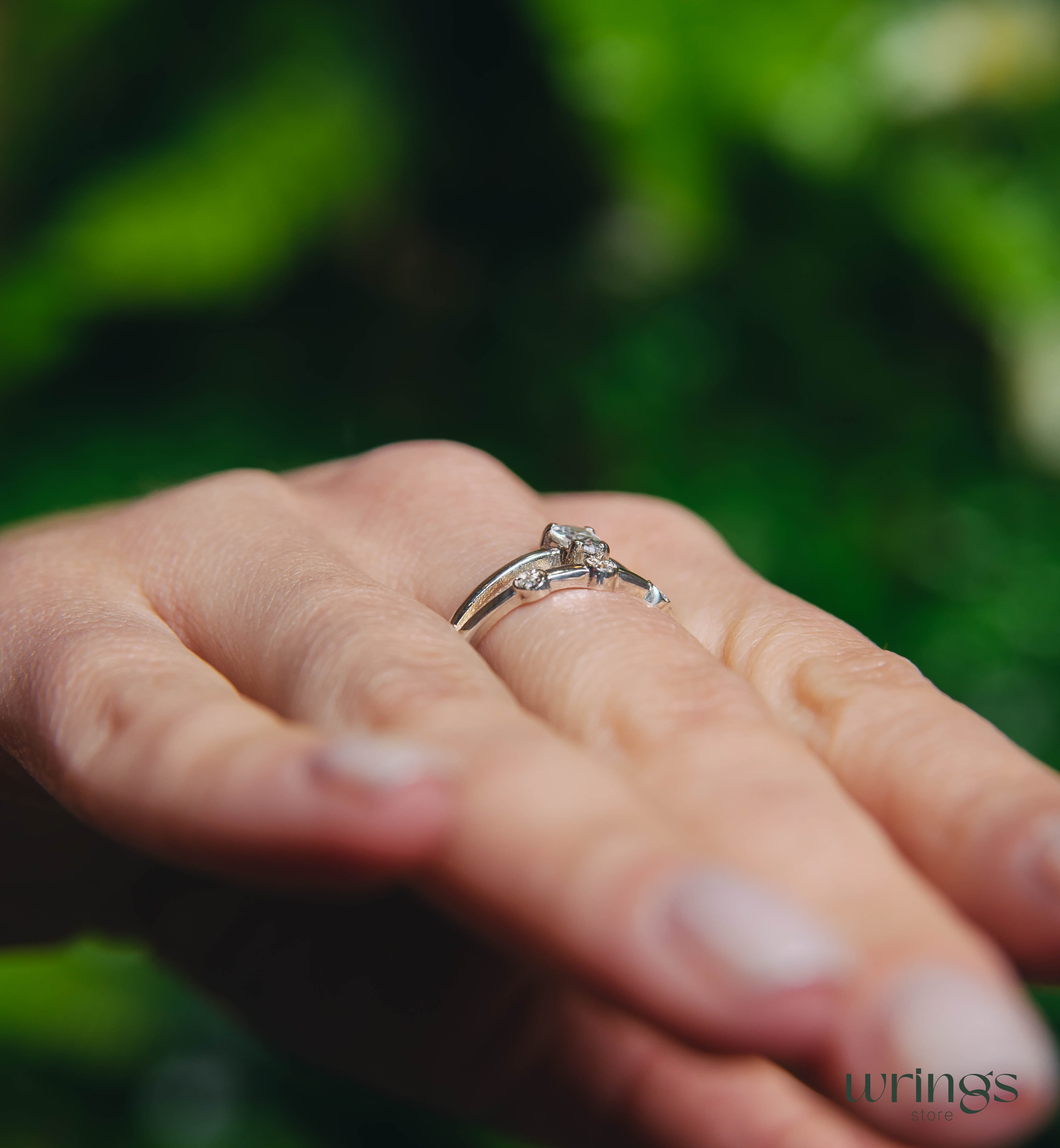 Pear Diamond CZ Double Engagement Ring Band Side Stones