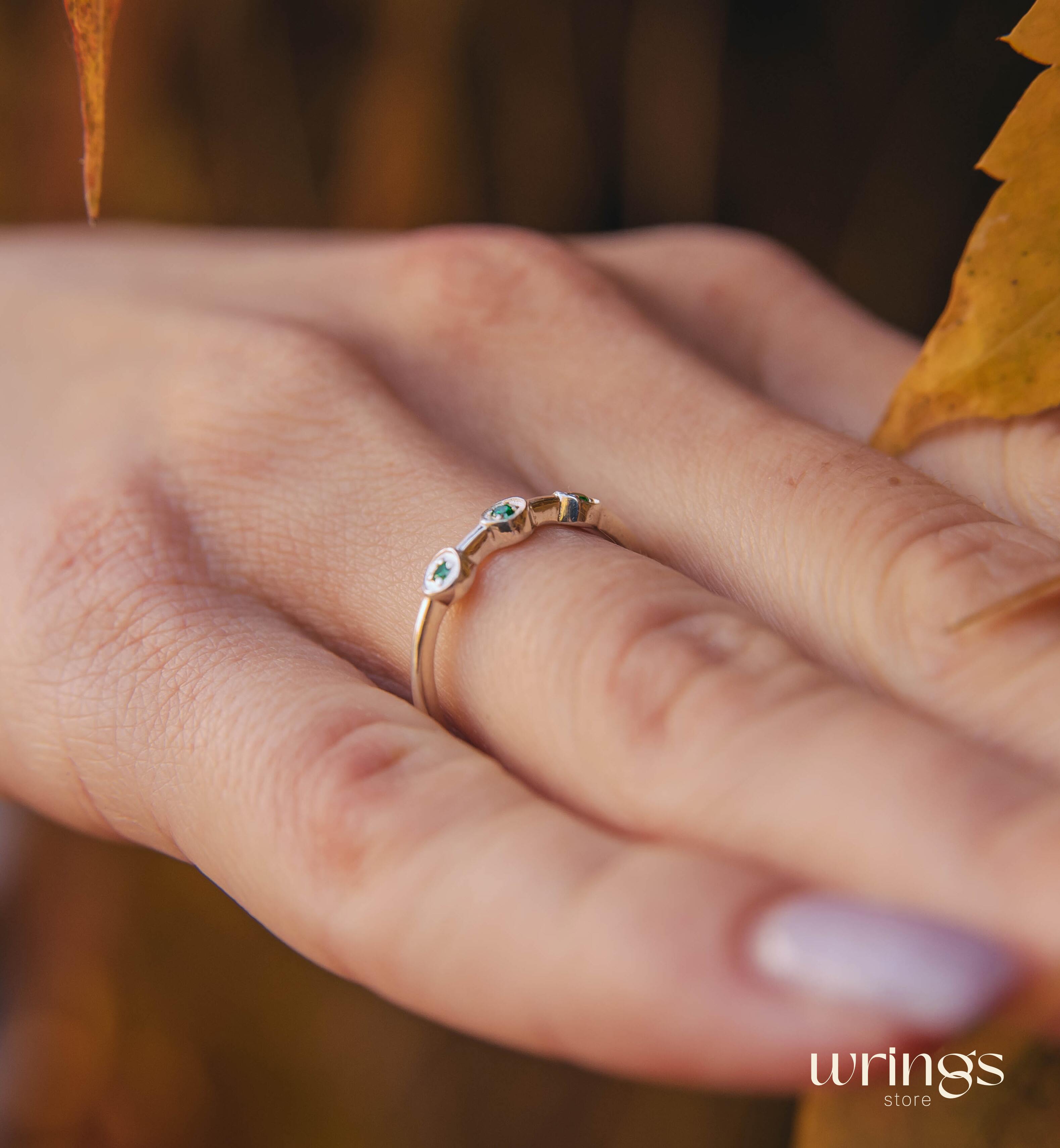 Dainty Emeralds in 3 Small Dots Silver Stackable Ring