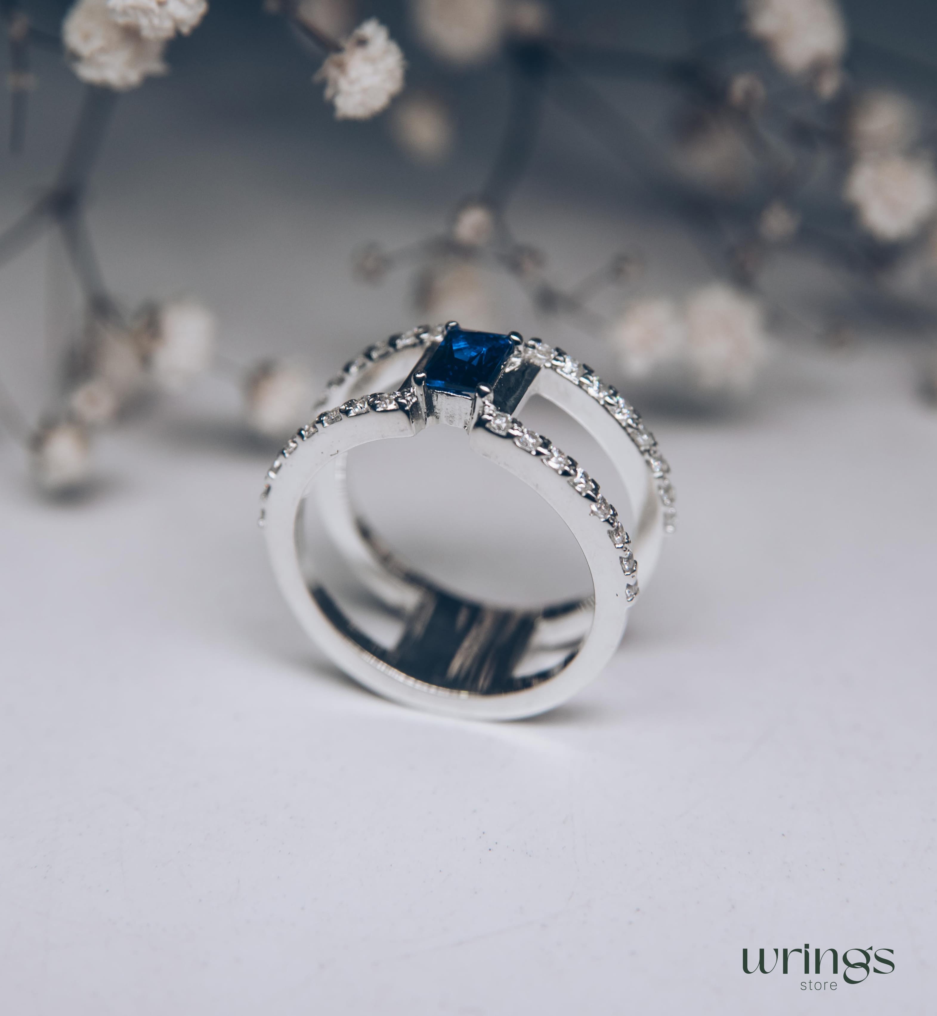 Octagon Cut Blue Topaz Double Engagement Ring Diamonds