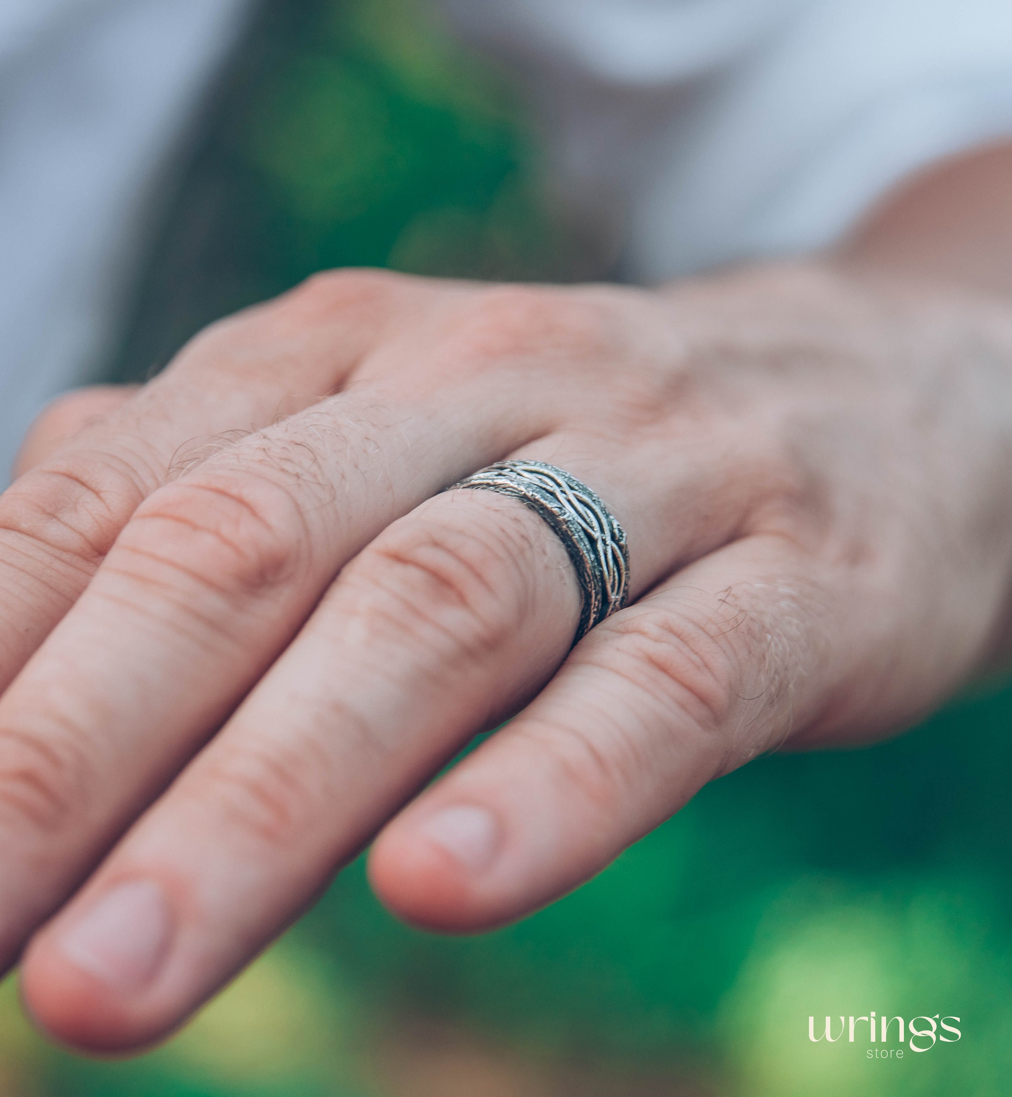 Silver Tree bark and Wavy lines Braided Wedding Band