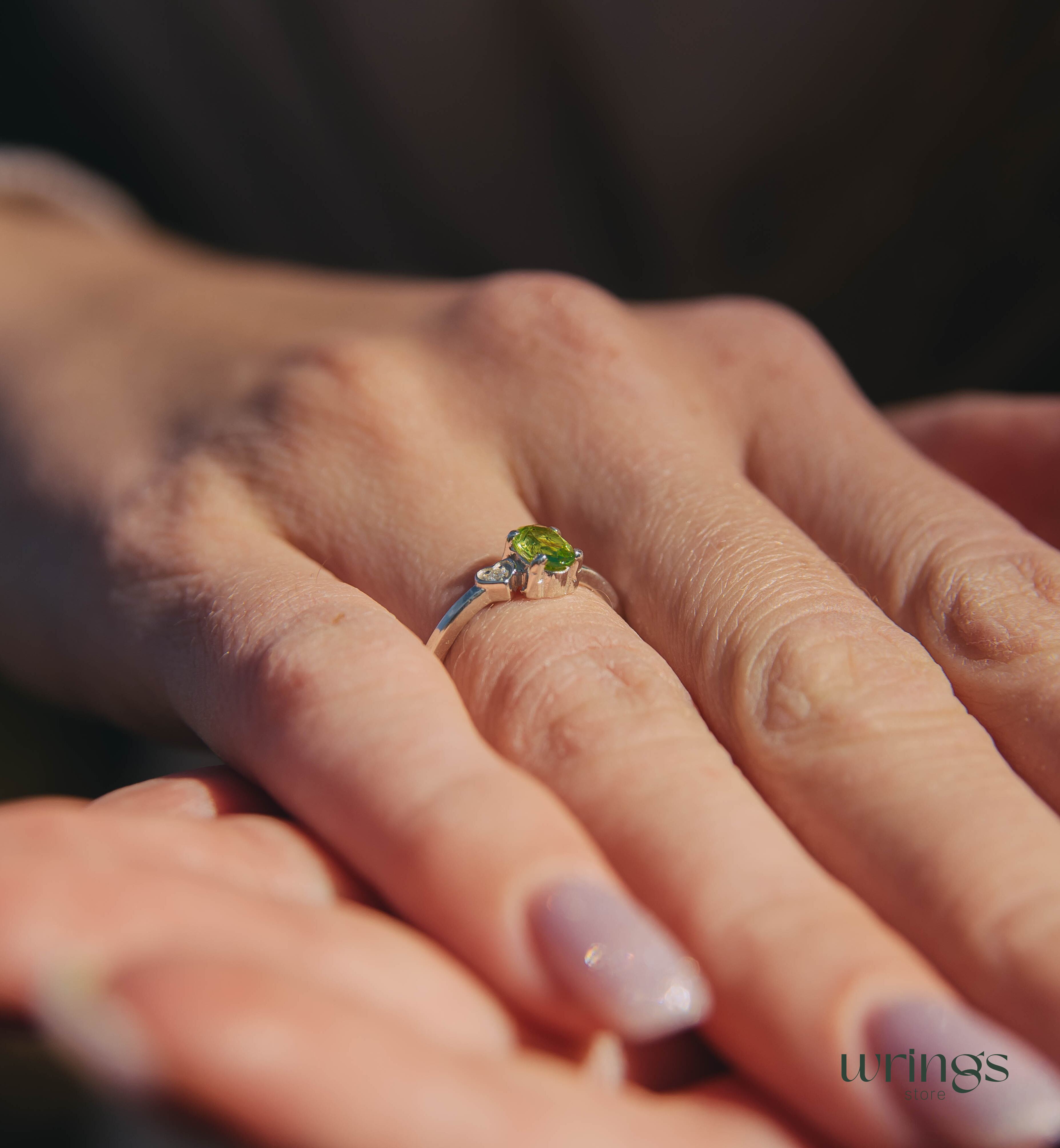 Vertical Oval Peridot Engagement Ring Silver & Heart