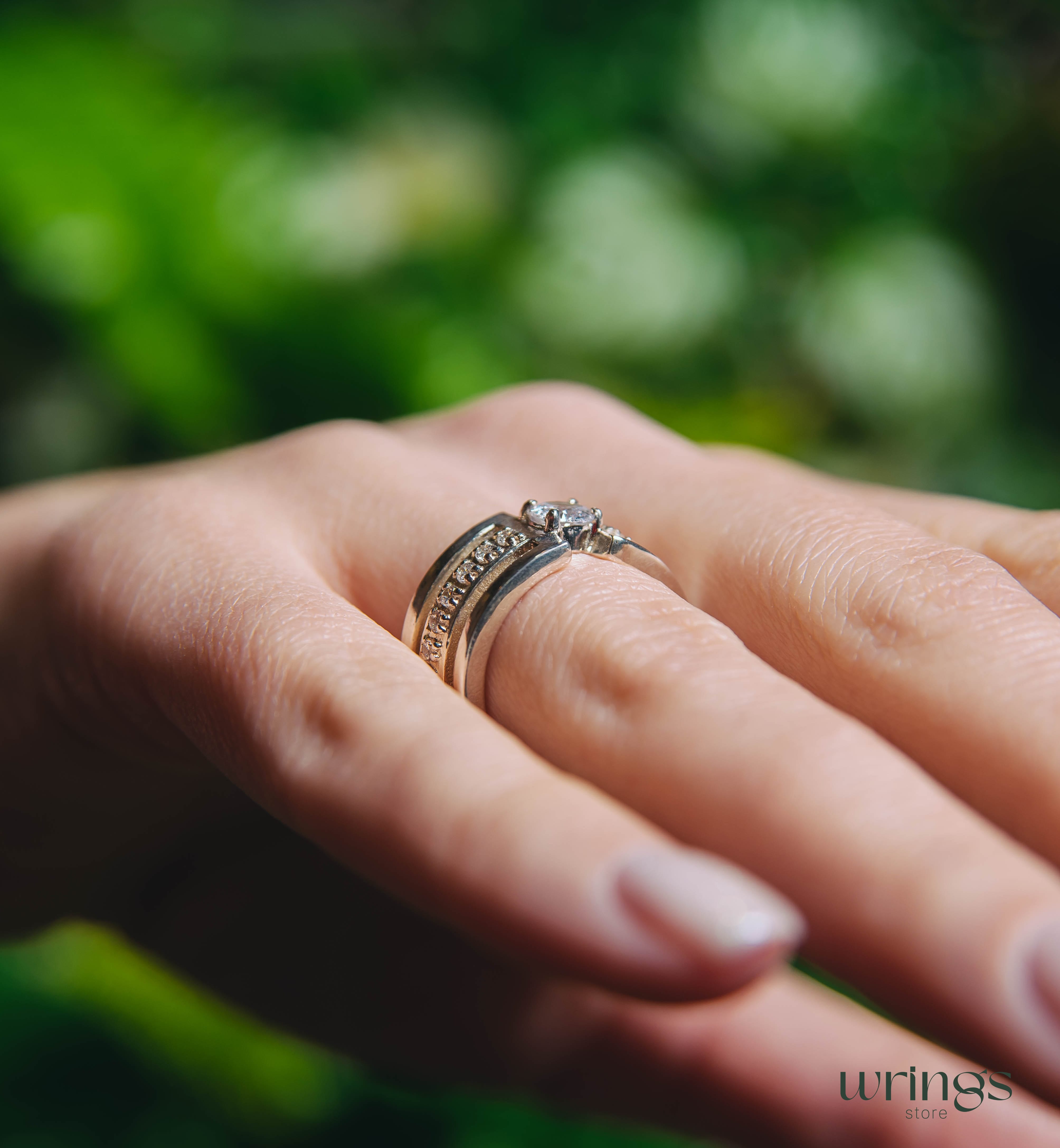 Extra Wide Silver Statement Ring CZ and Side Stones