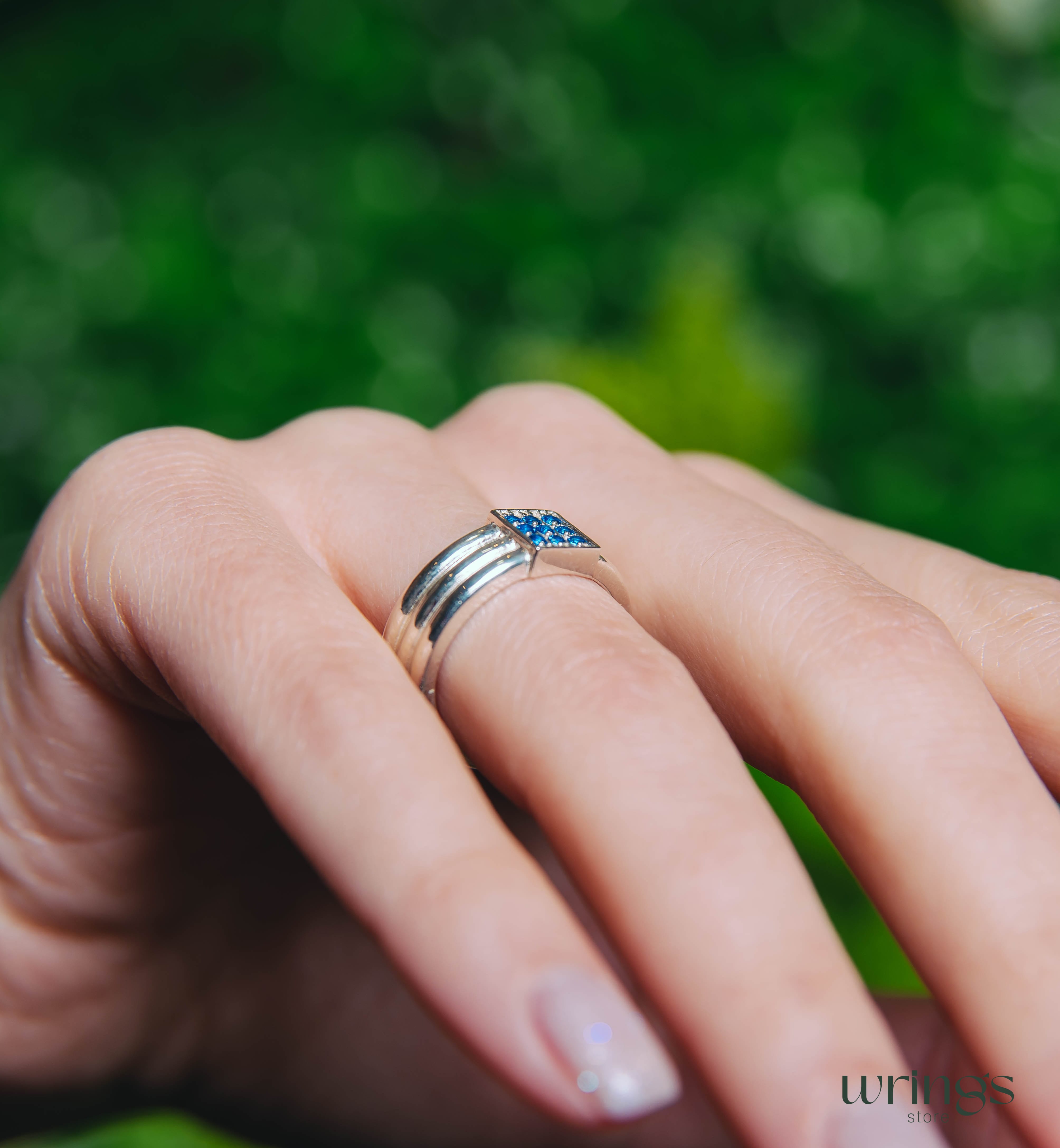 Thick Silver Wedding Band with Natural Blue Sapphires