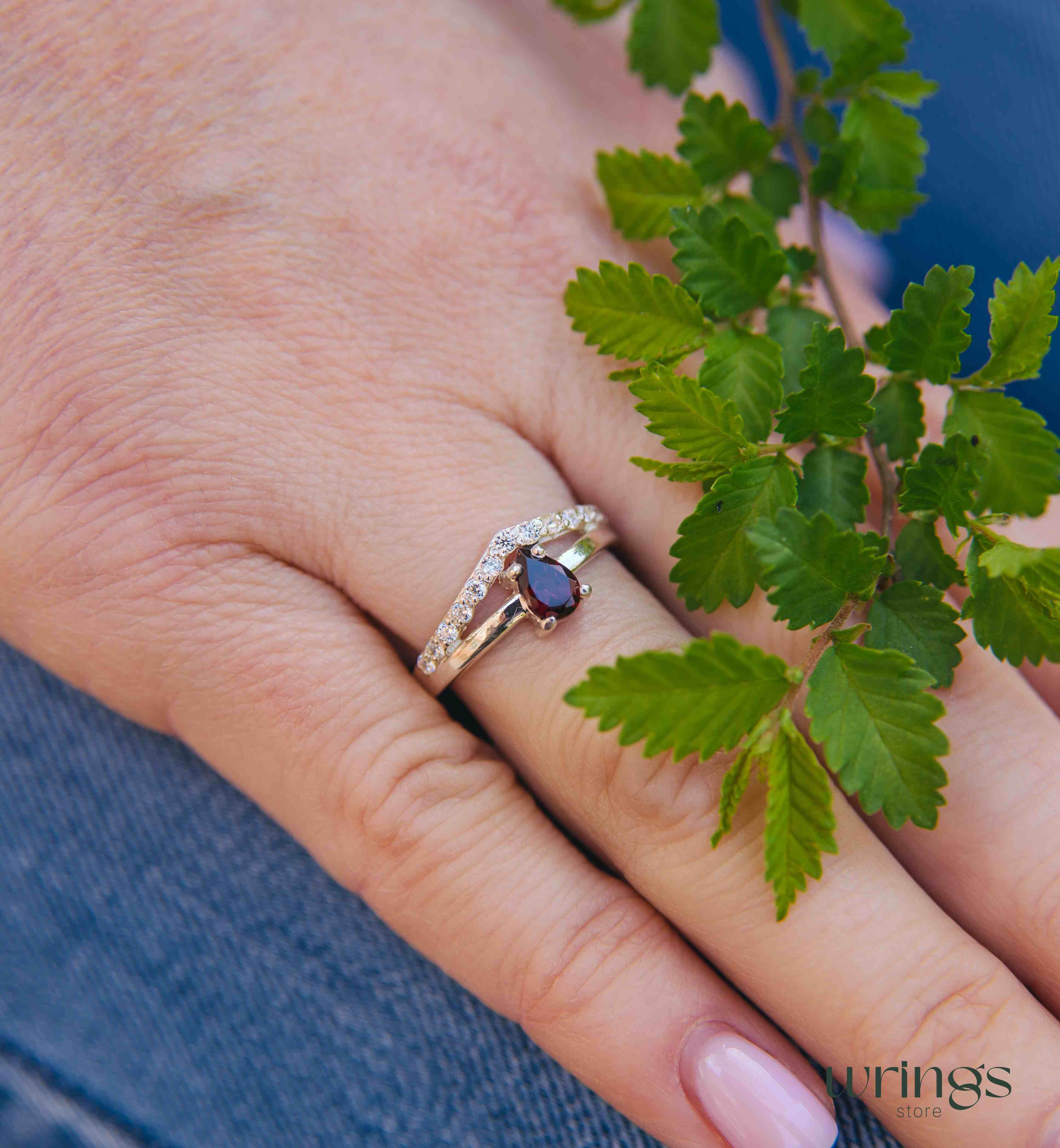 Chevron & Pear cut Garnet Engagement Ring Silver and CZ