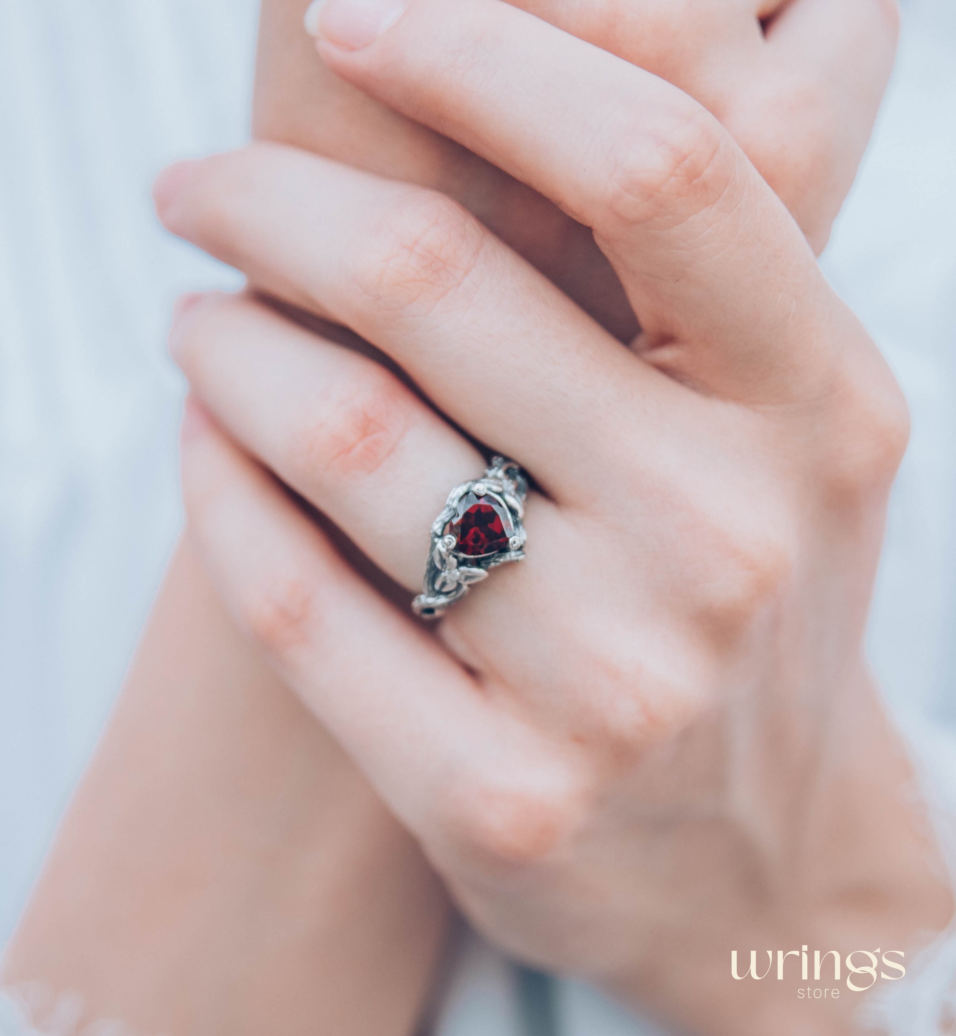 Heart Shaped Garnet Branch Engagement Ring with Leaves