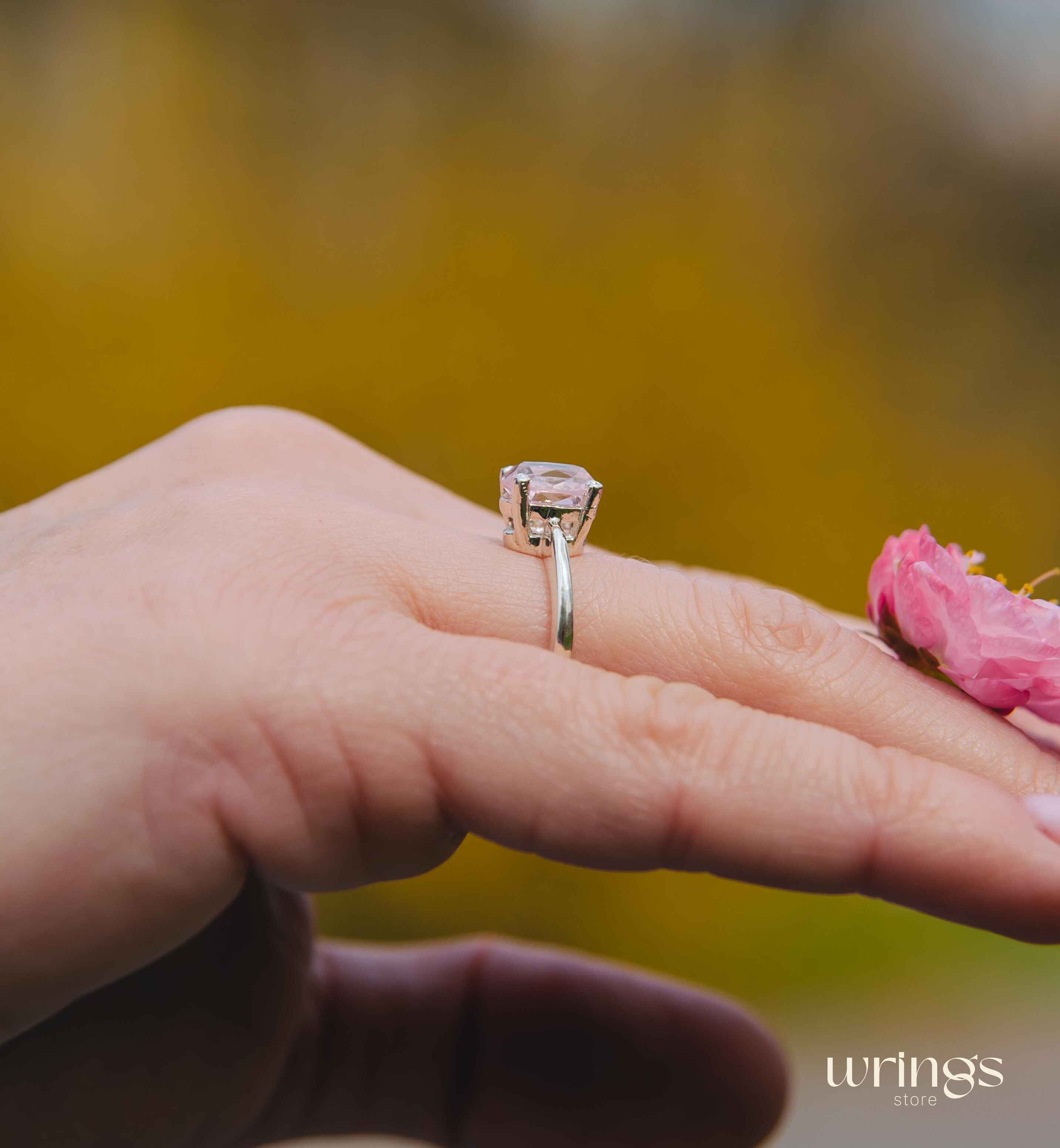 Large Oval Rose Quartz Solitaire Ring Sterling Silver