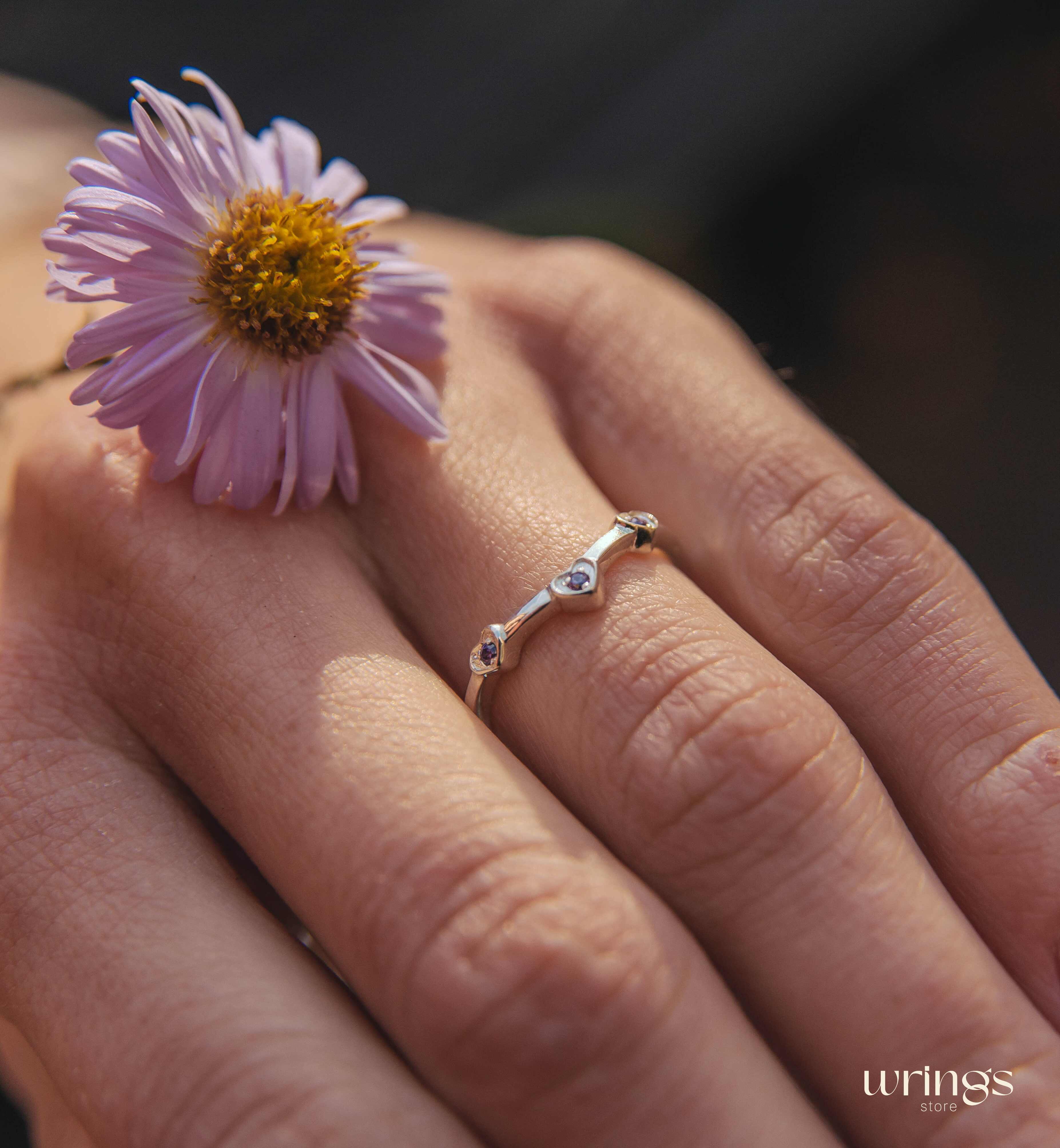 Three Hearts with Amethysts Silver Curved Ring