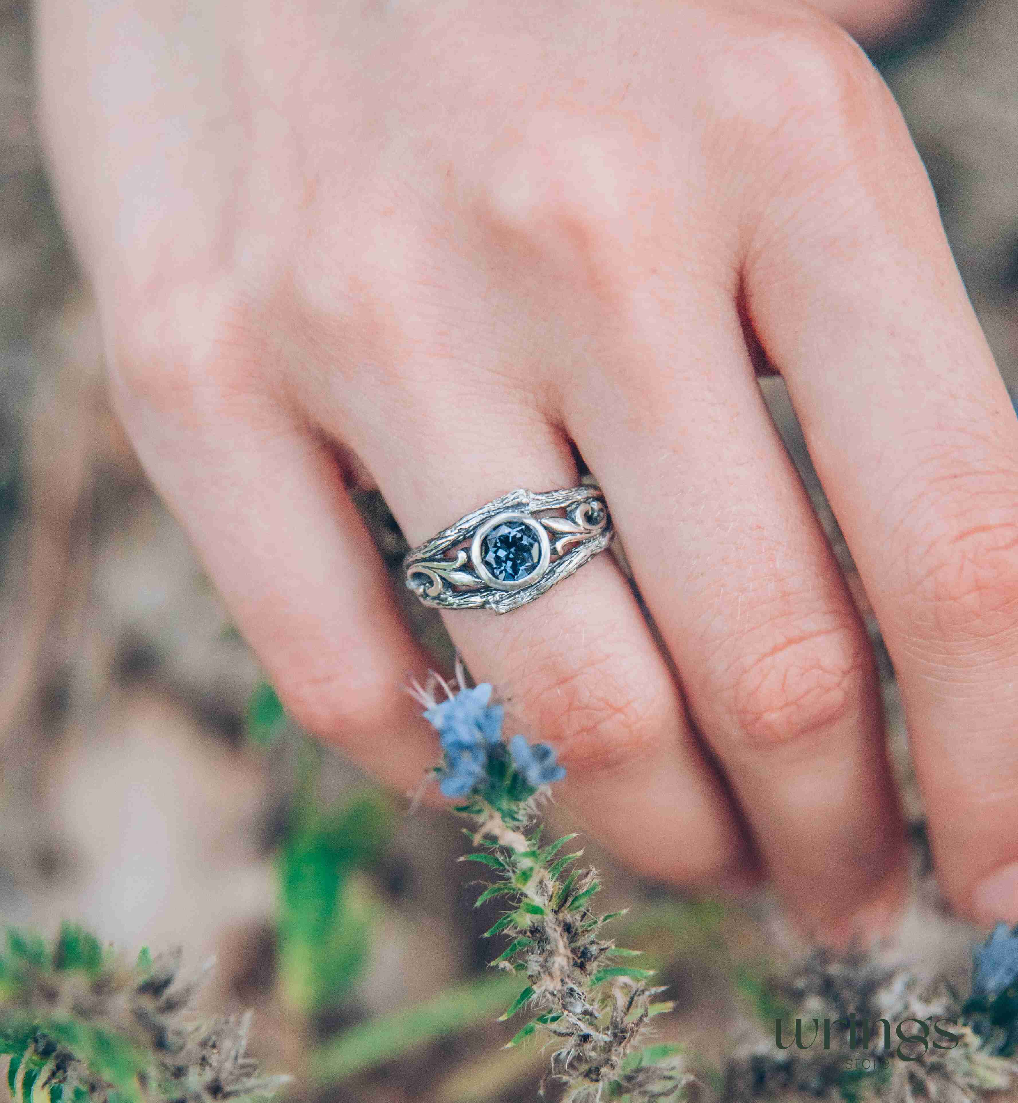 Bezel London blue Topaz with Vine and Branch Engagement Ring