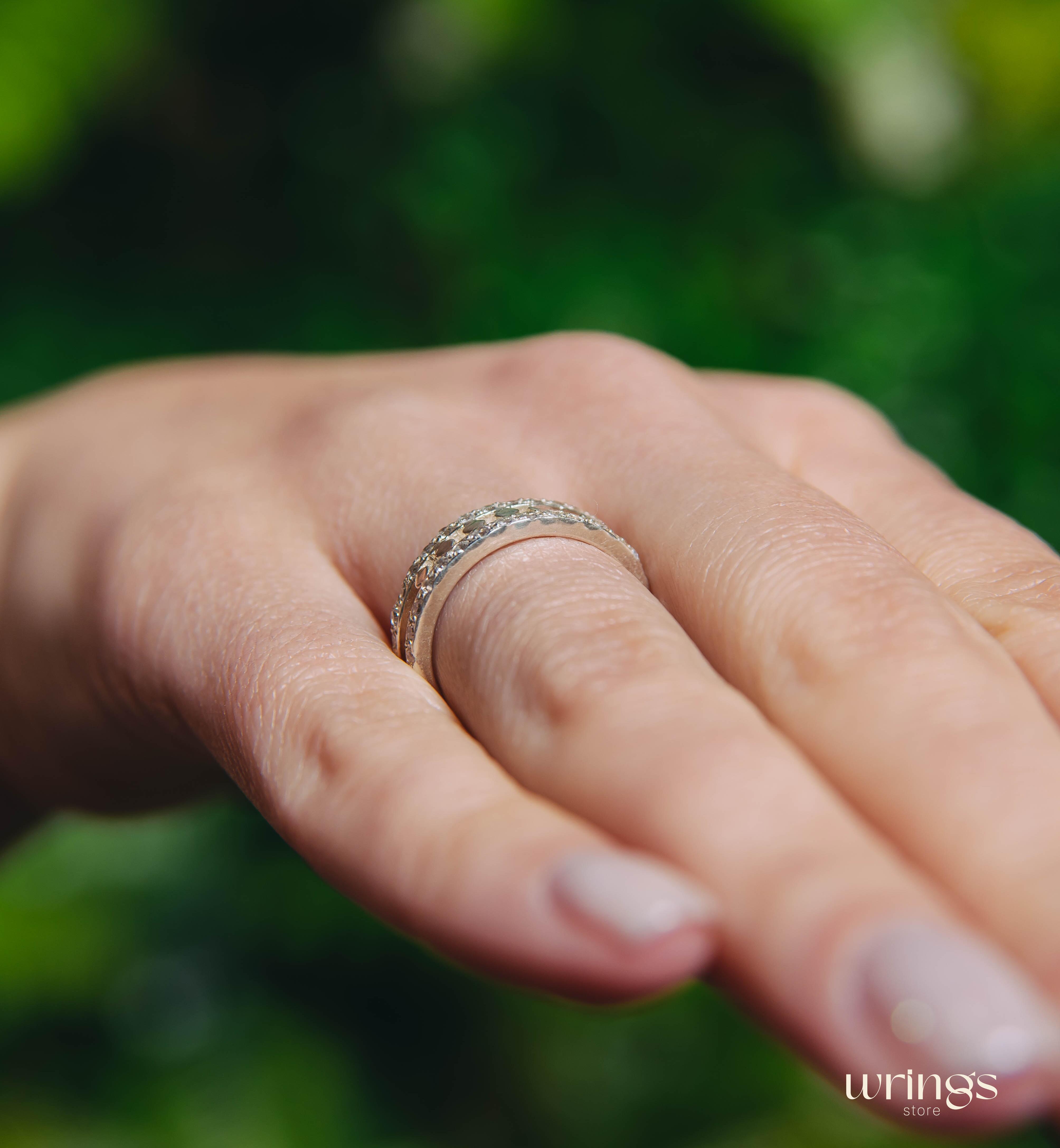 Open Wedding Band Silver Multi Stone CZ & Dot Design