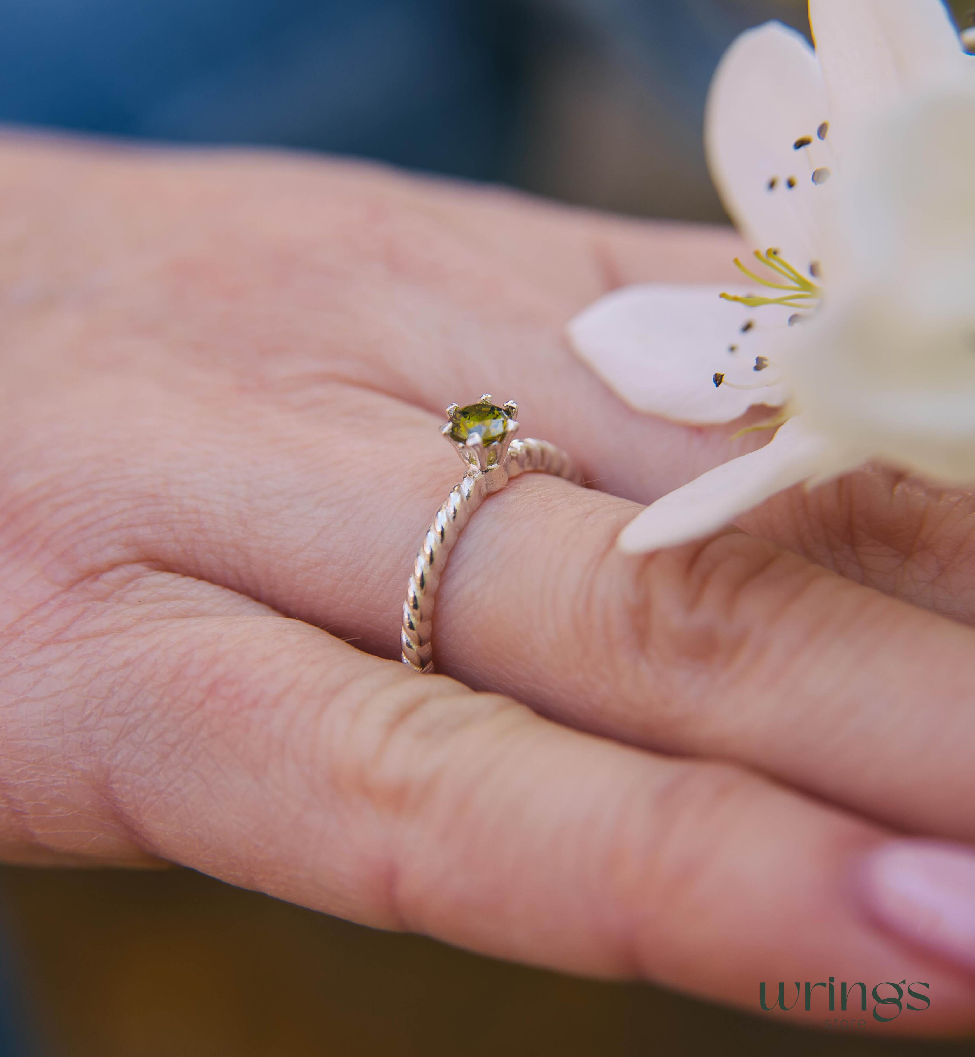 Solitaire Peridot Engagement Ring Silver Rope Band