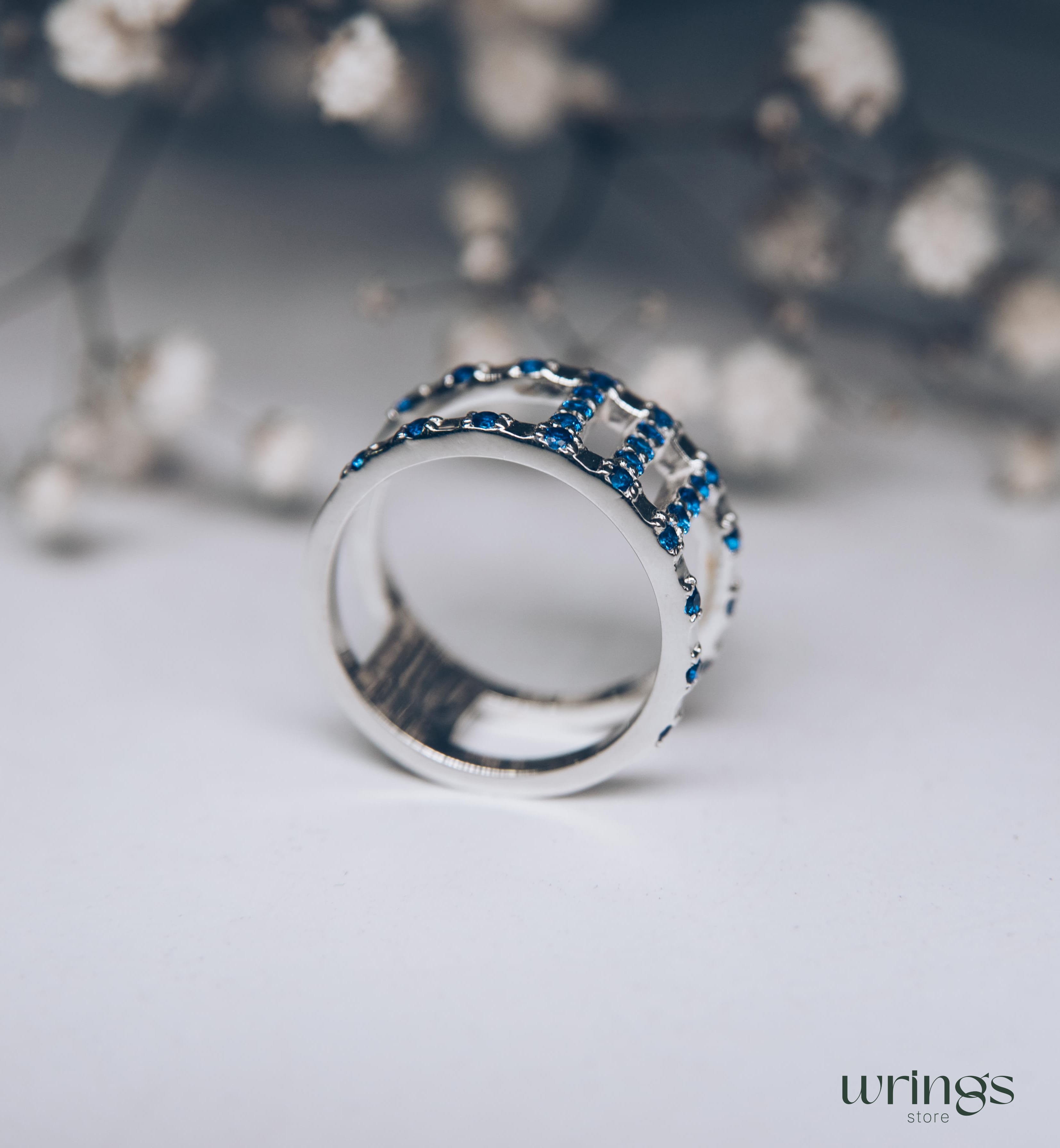 Double Band Wedding Ring Blue Sapphires Multi Stone