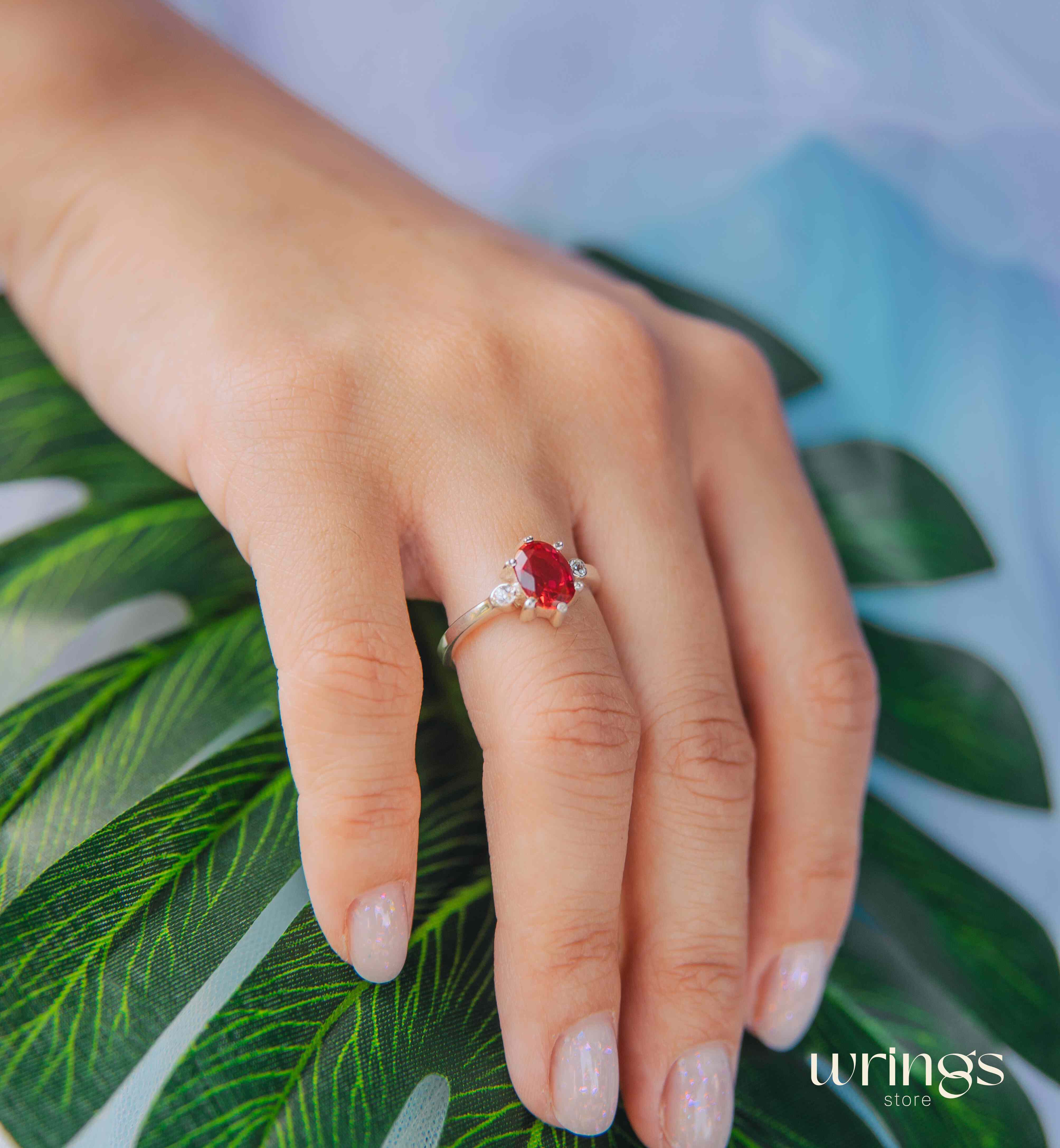 Large Oval cut Red Stone Silver Cocktail Ring & Side Stones