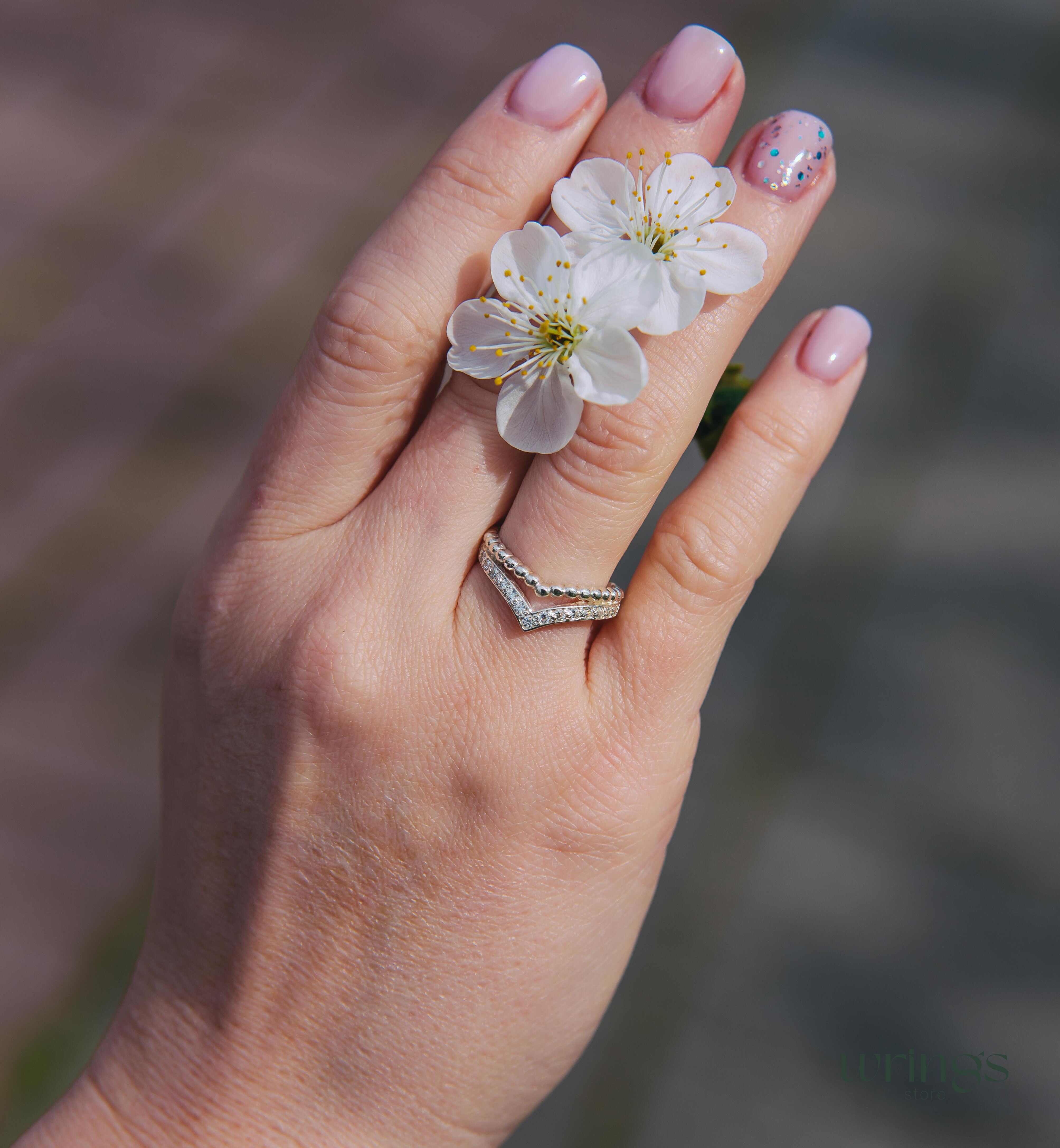 Natural Diamonds in Beaded Silver Chevron Wedding Ring