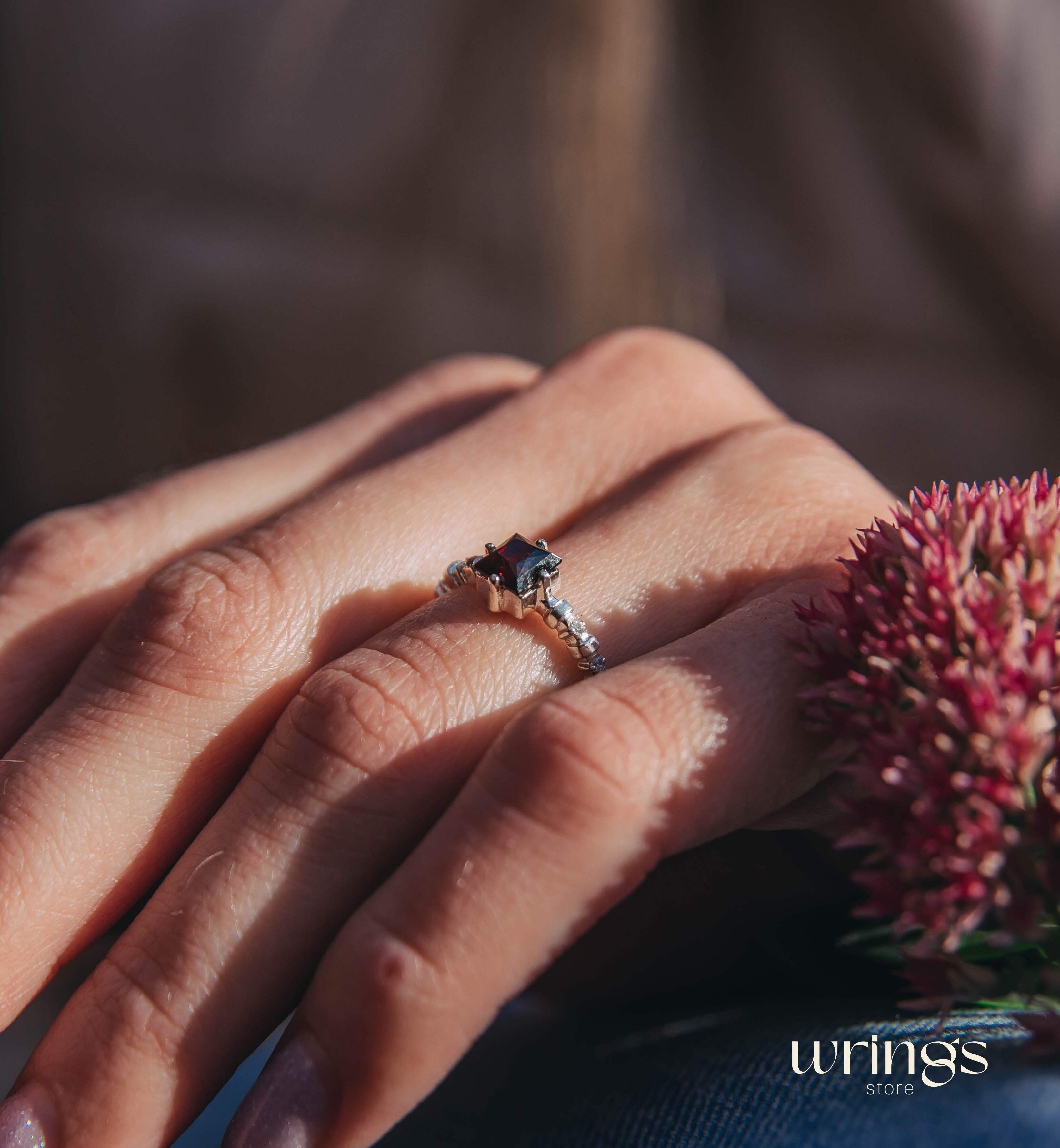 Square cut Garnet Engagement Ring Silver Beaded Band & CZ