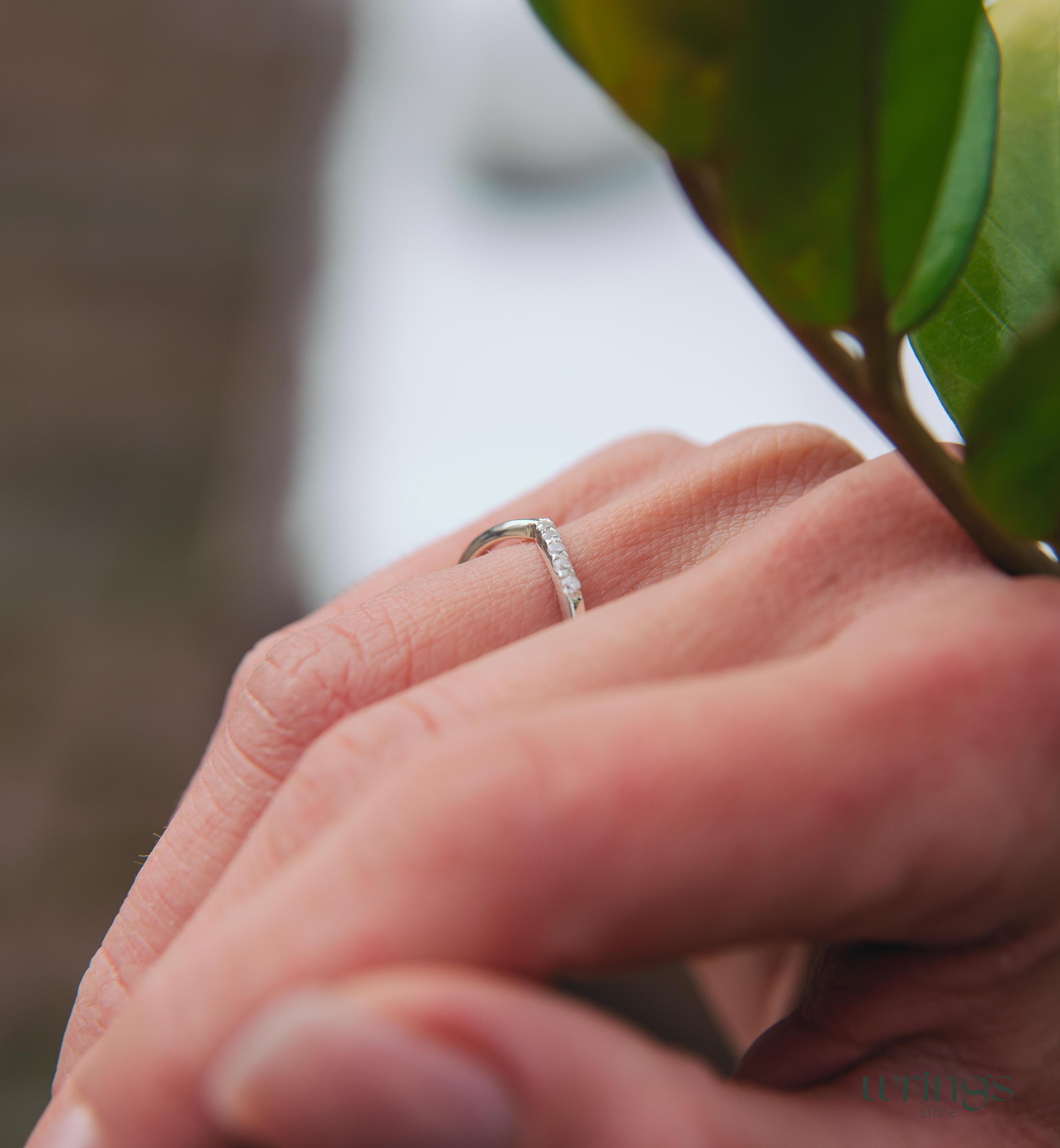 Curved Chevron Diamond Wedding Band Sterling Silver